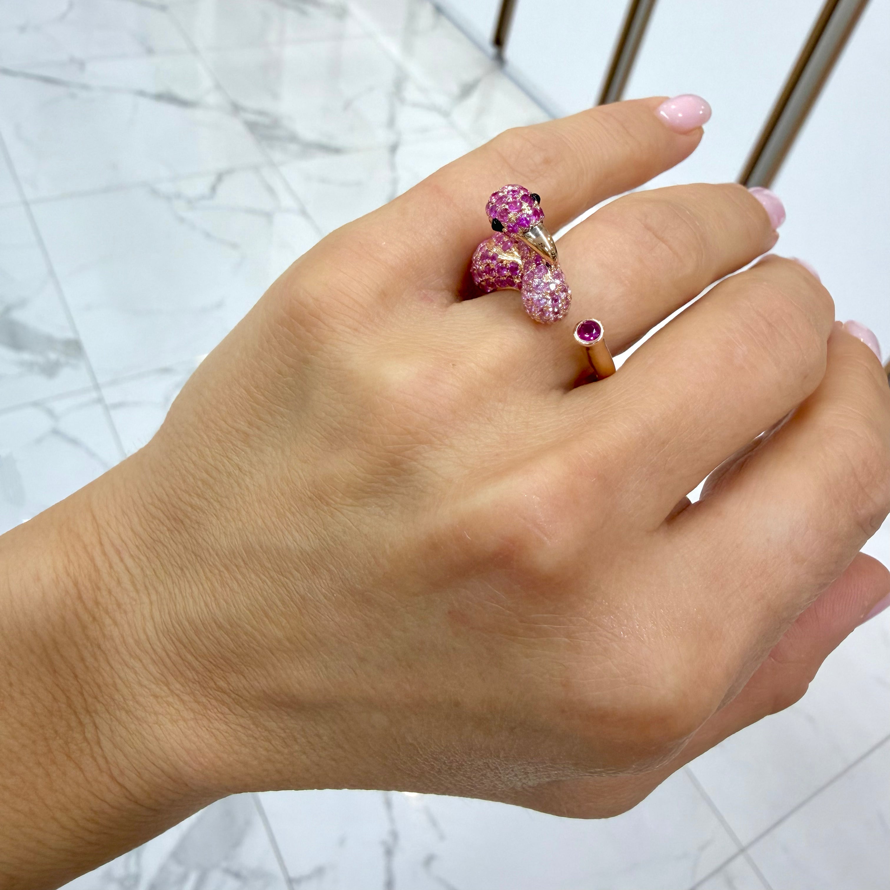 18K Rose Gold 3.16ct Ruby & 0.09ct Round Diamond Flamingo Bypass Cocktail Ring