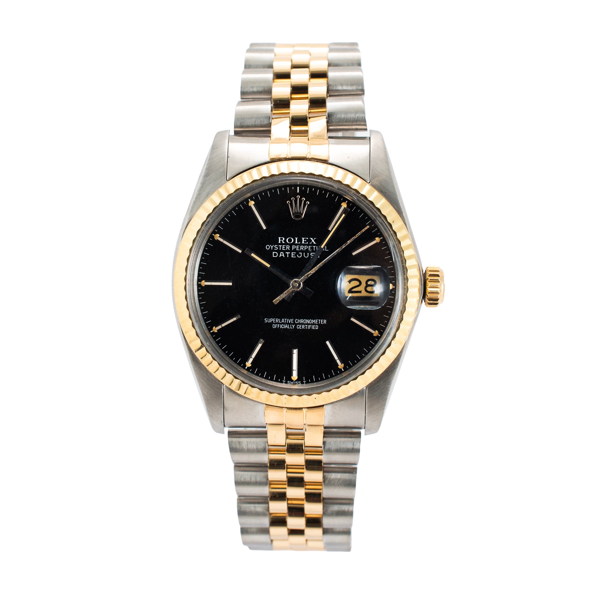 Rolex Datejust 36MM 16000 Black Dial Jubilee Fluted Gold Steel Watch