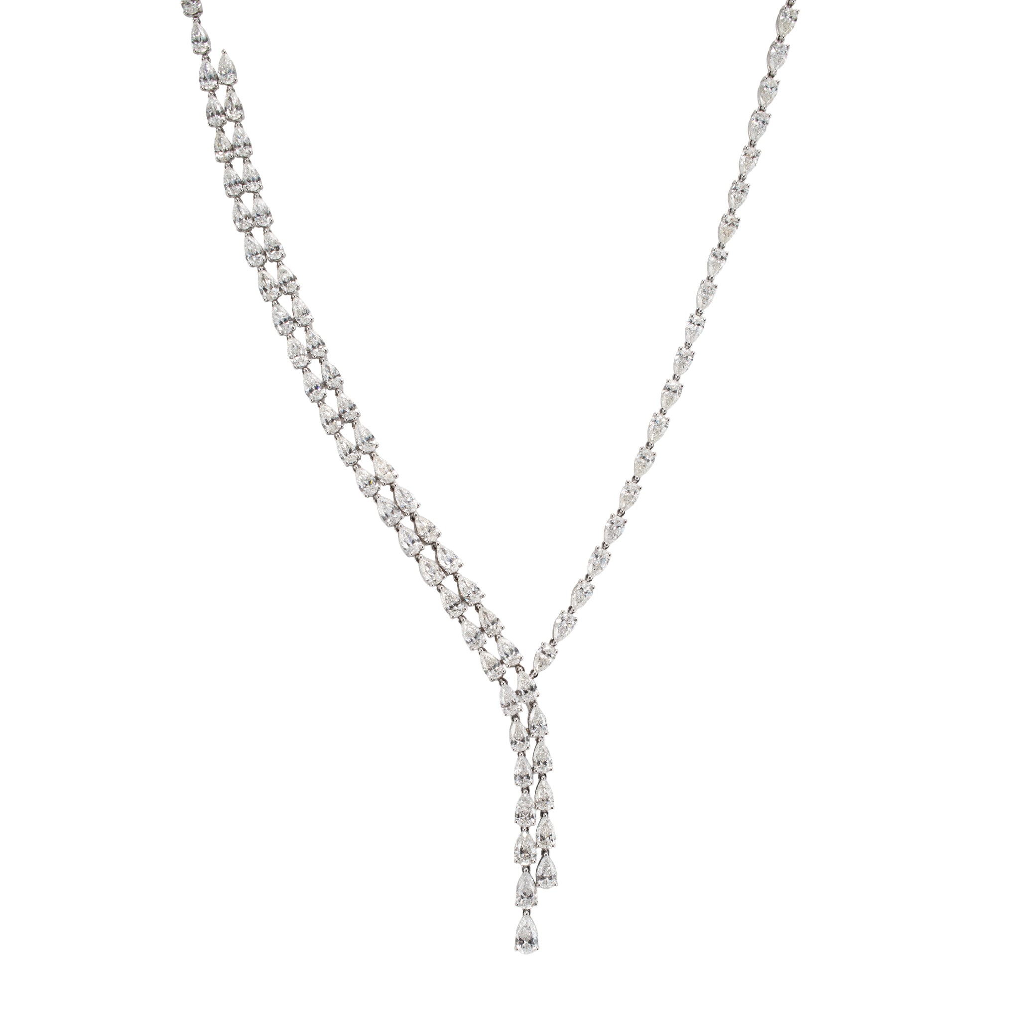 18K White Gold 28.56ct Pear Shape Diamond Tennis Graduated Lariat Necklace