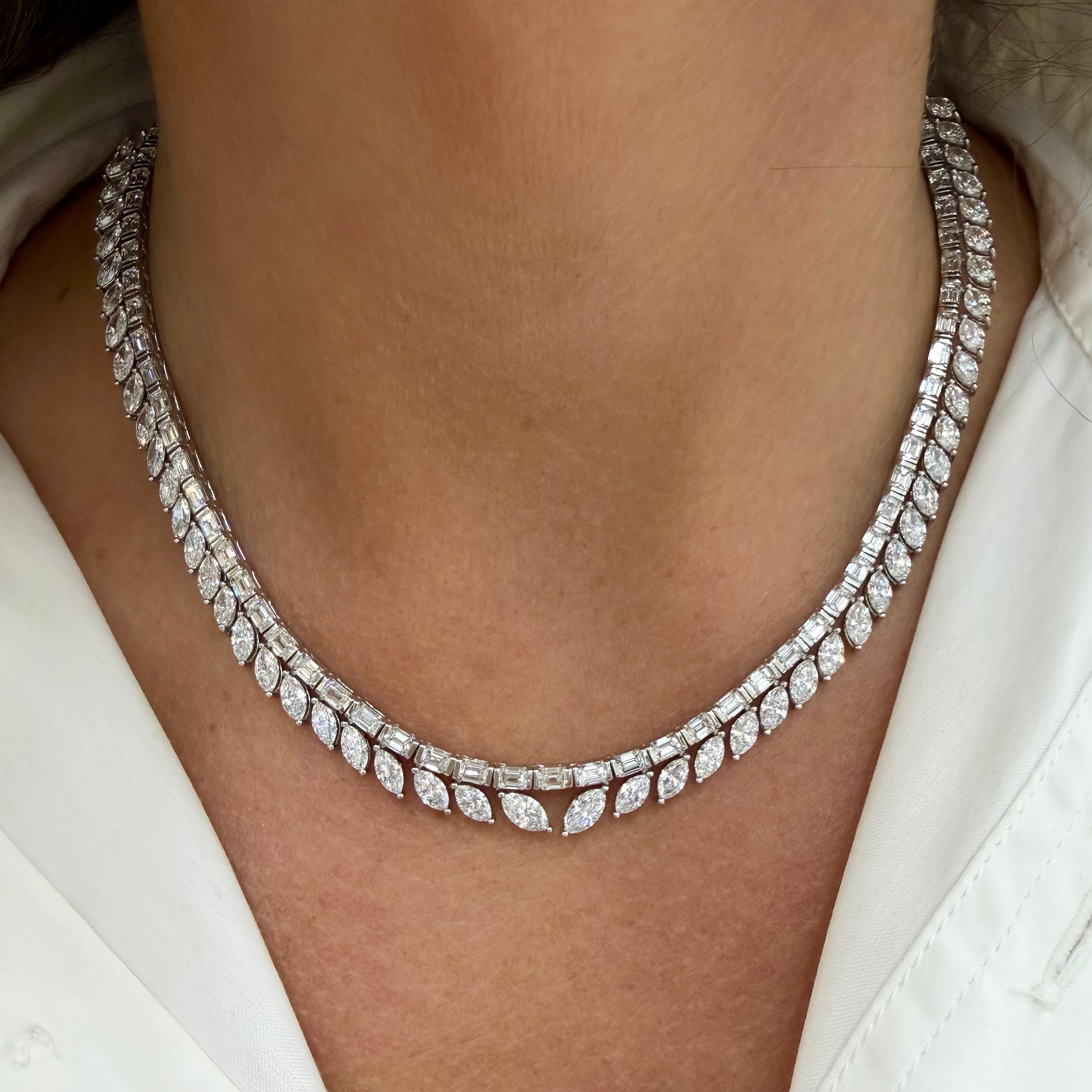 18K White Gold 23.68ct Baguette Marquee Diamond Tennis Graduated Neckl