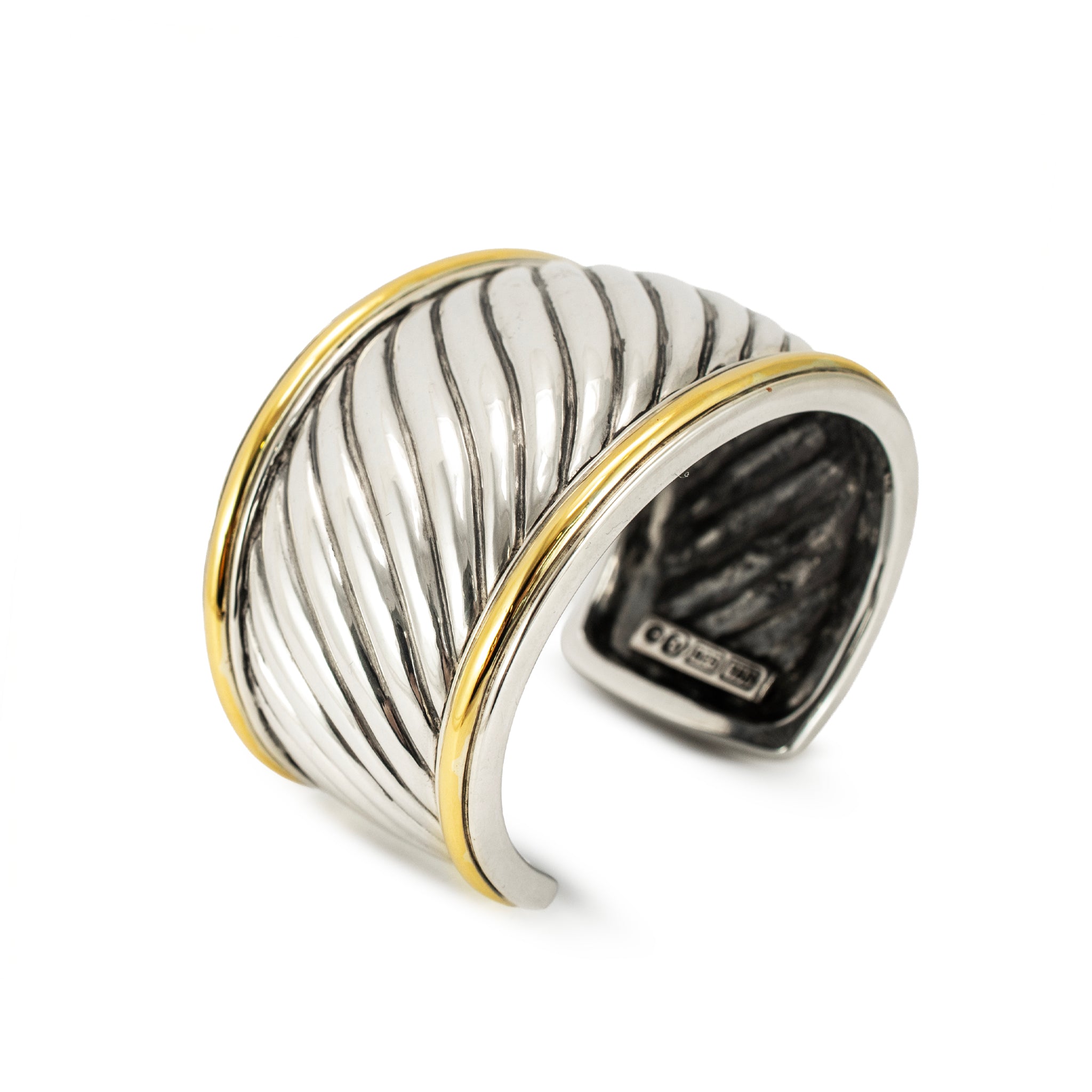 David Yurman 18K Yellow Gold Silver Two-Tone Sculpted Cable Cuff Bangle Bracelet