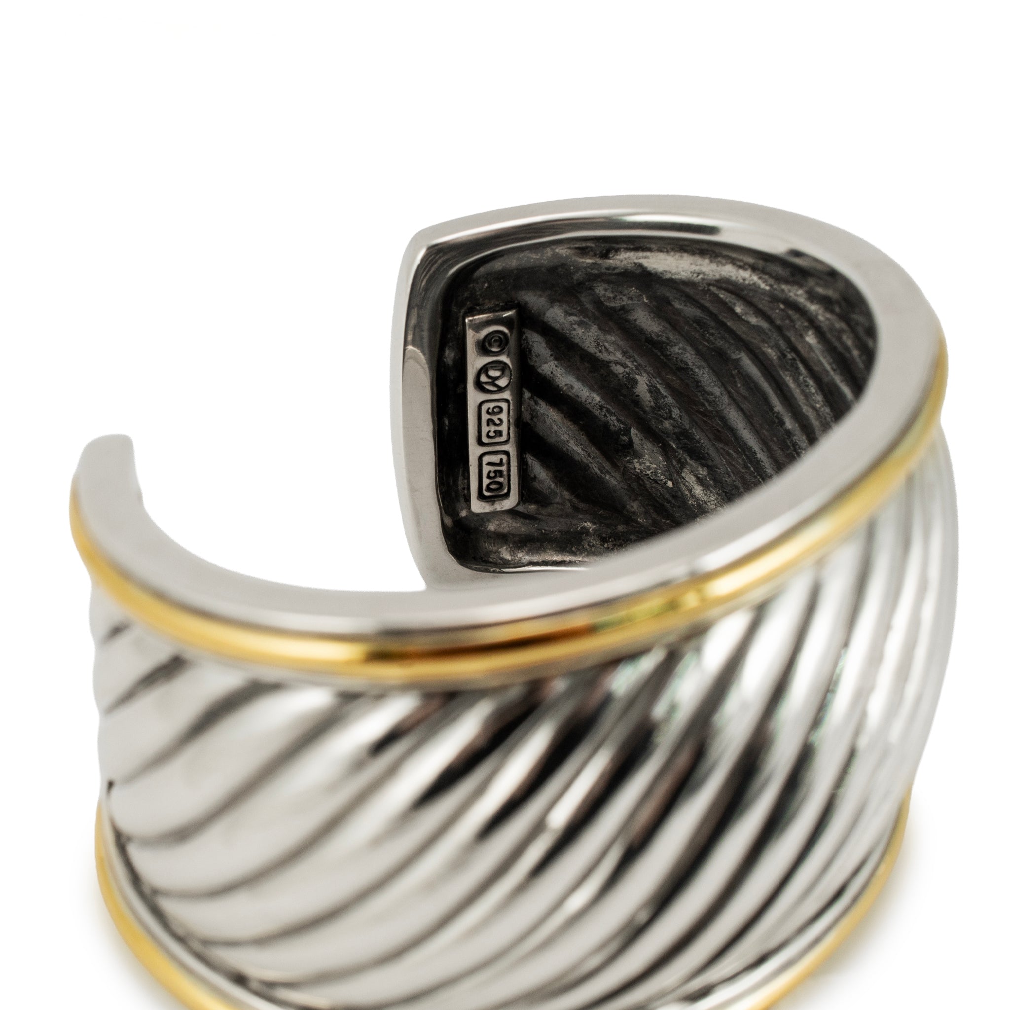 David Yurman 18K Yellow Gold Silver Two-Tone Sculpted Cable Cuff Bangl
