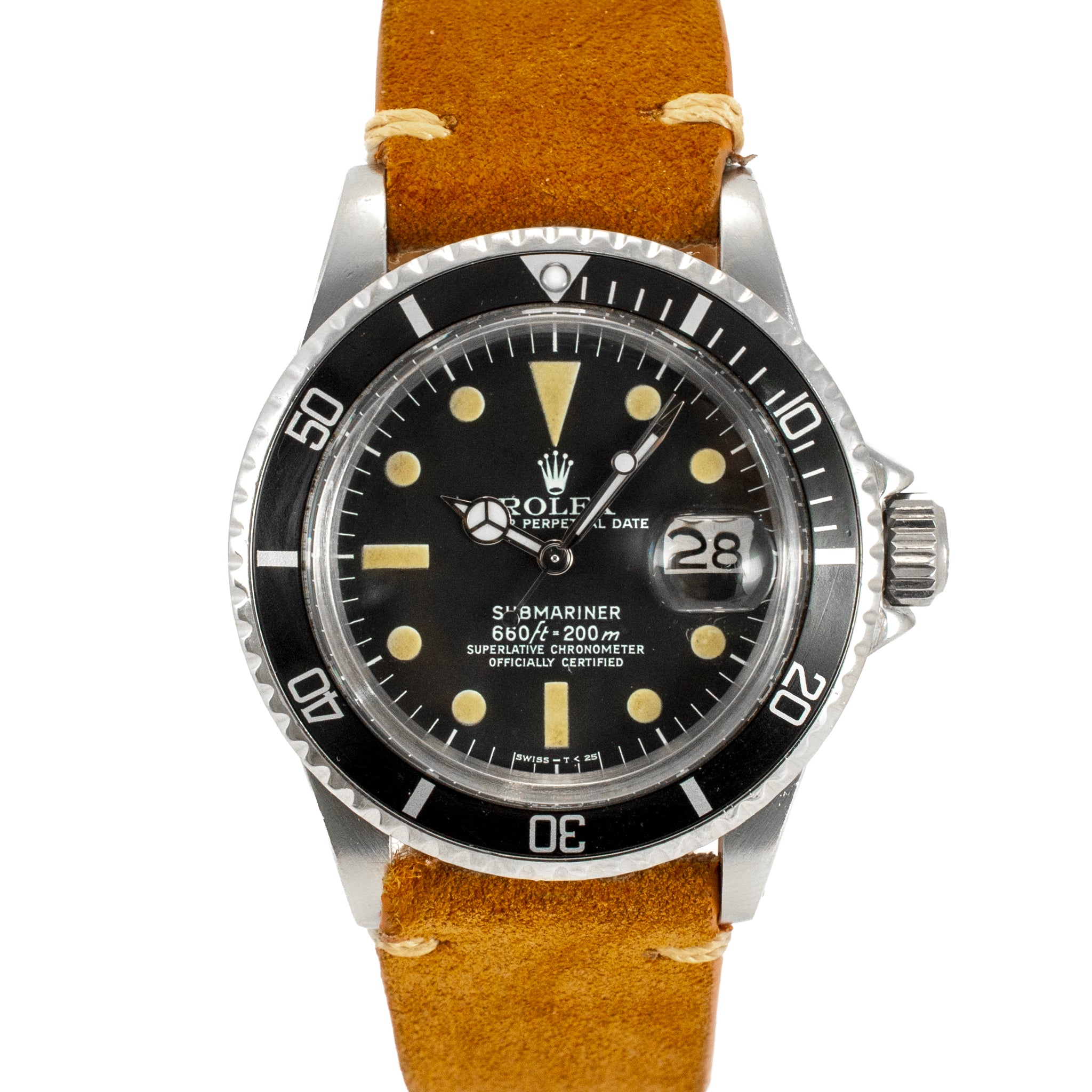 Vintage Rolex Submariner Date 40MM 1680 Brown Buttery Yellow Lume Steel Watch