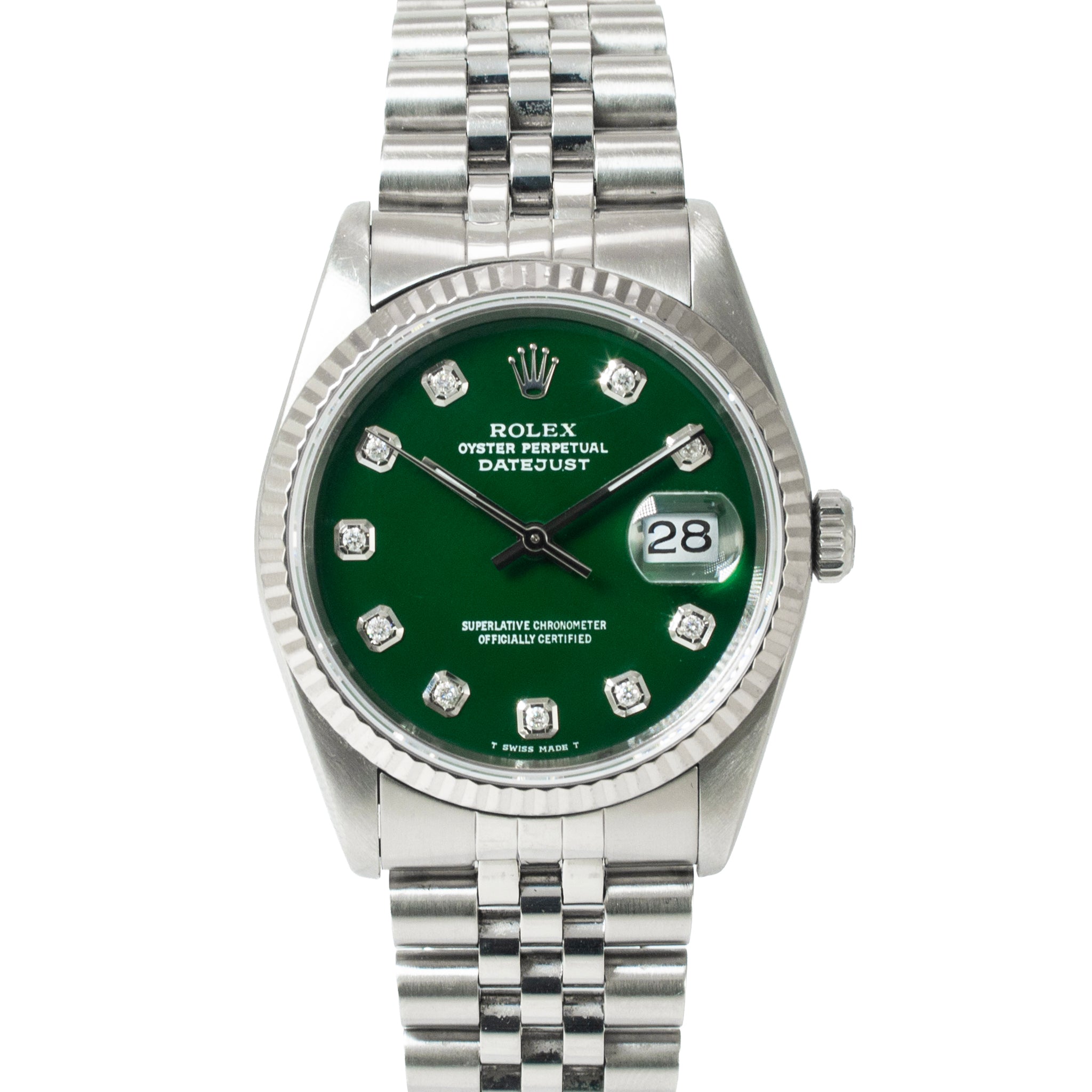 Rolex Datejust 36MM 16234 Green Diamond Dial Jubilee Fluted Steel Watch