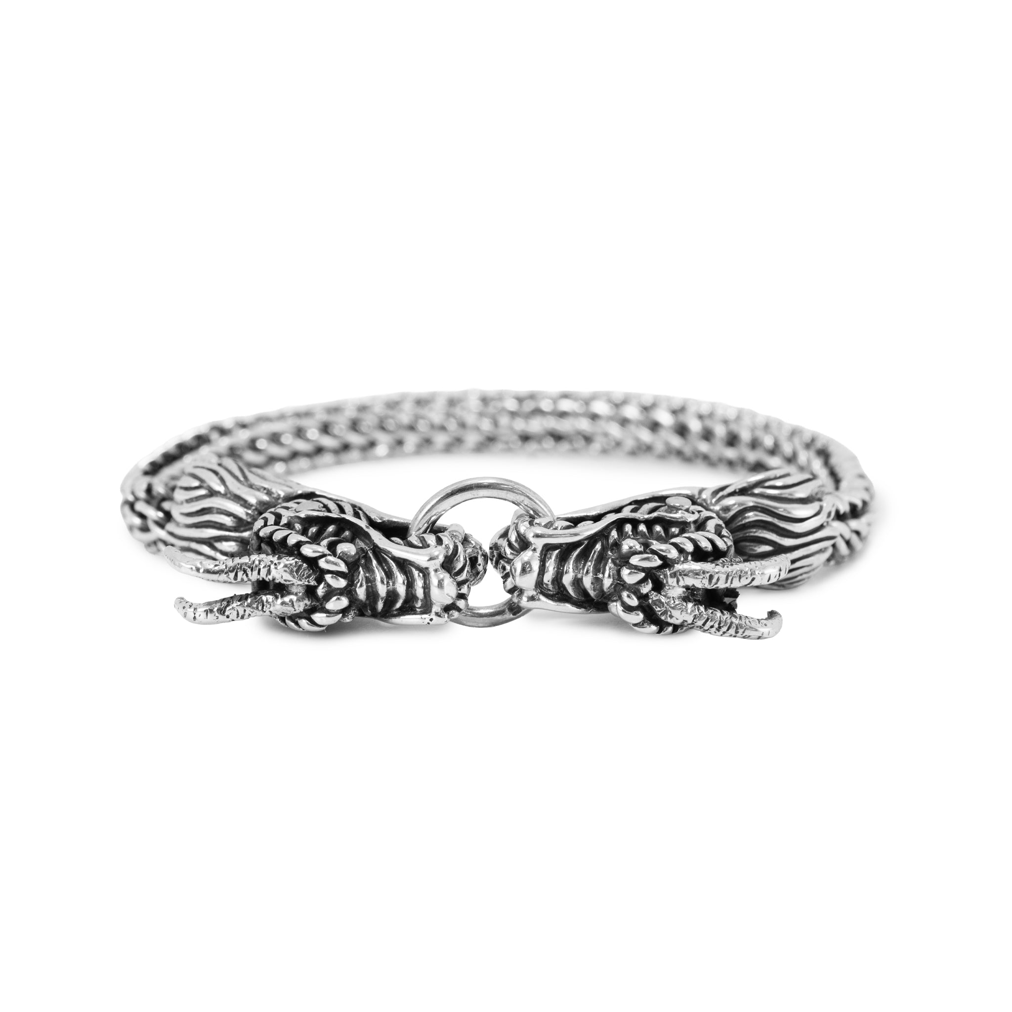 Men’s Vintage Double Dragon Head 925 Sterling Silver Wheat Link Bracelet