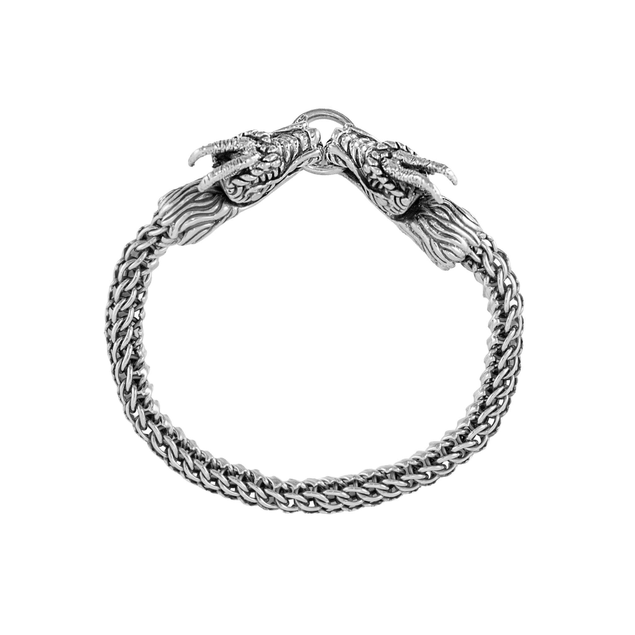 Men’s Vintage Double Dragon Head 925 Sterling Silver Wheat Link Bracelet