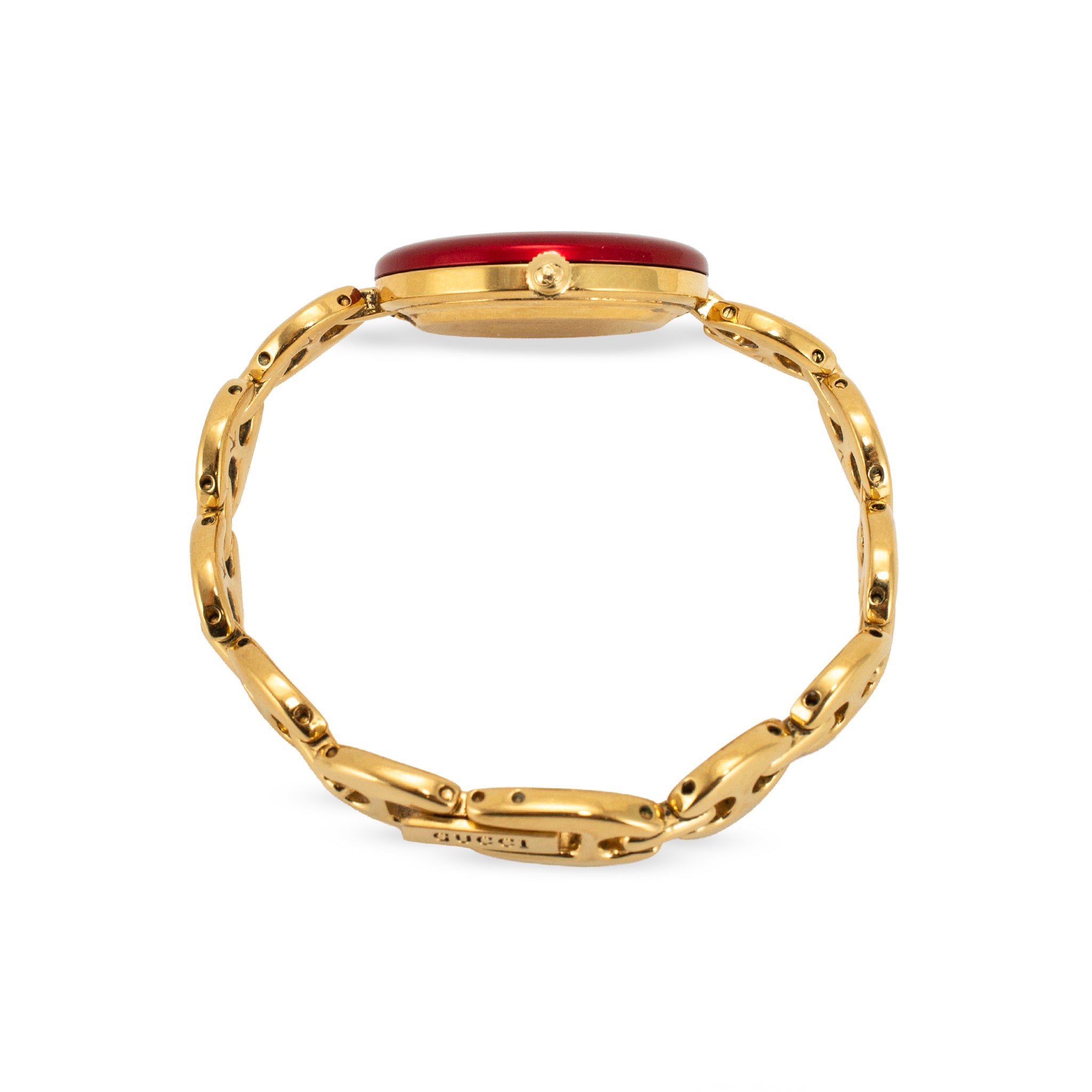 Ladies Gucci Cherry Red Bezel 26MM 11/12.2 Gold-Plated Gucci Puff Quartz Watch