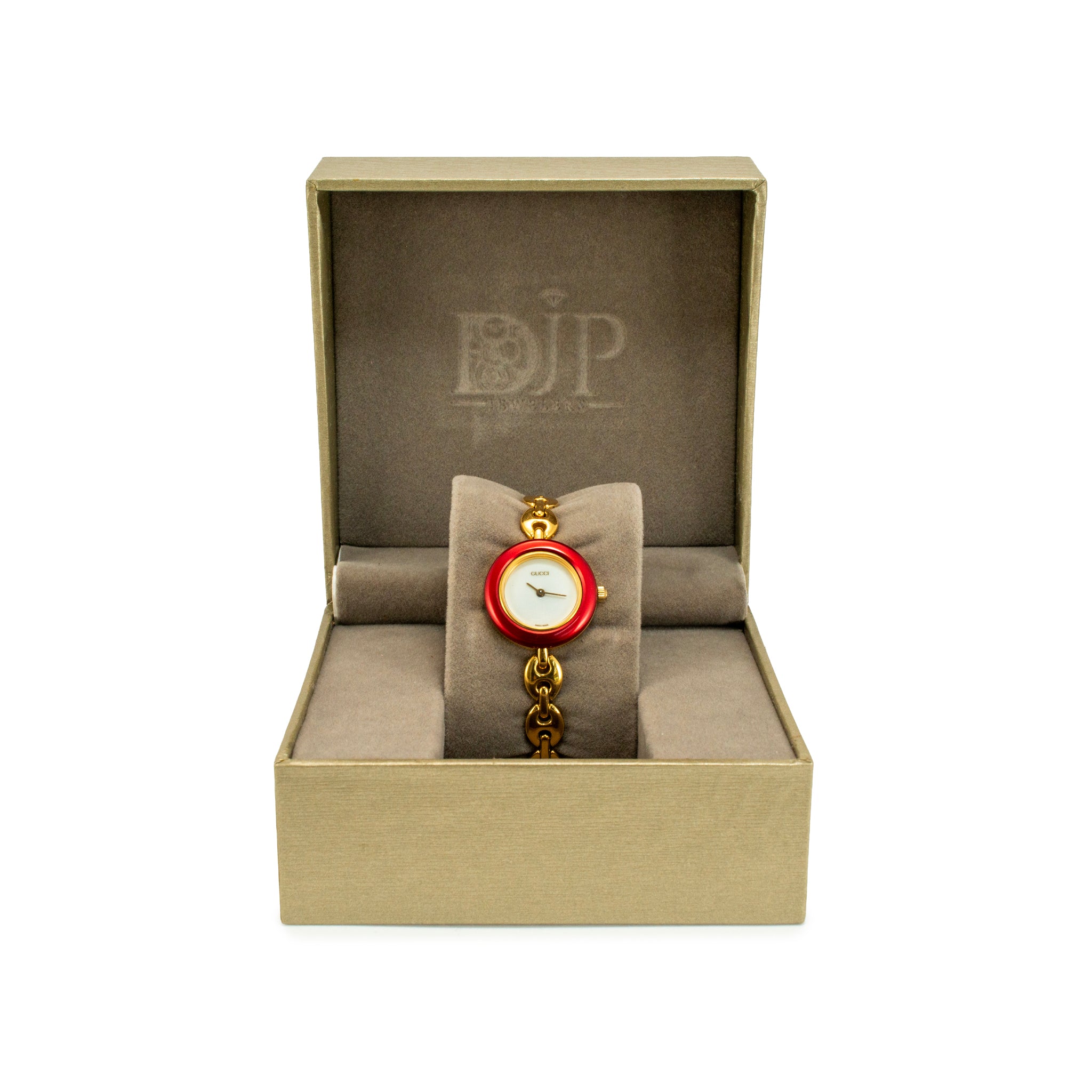 Ladies Gucci Cherry Red Bezel 26MM 11/12.2 Gold-Plated Gucci Puff Quartz Watch