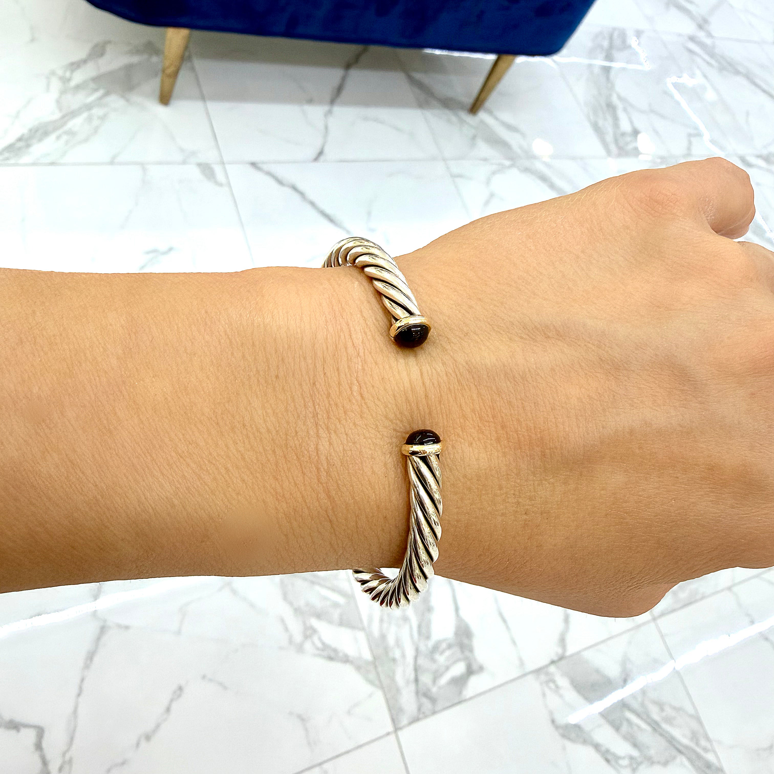 Men's David Yurman 14K Gold & 925 Silver 6MM Onyx Cable Cuff Bangle Br