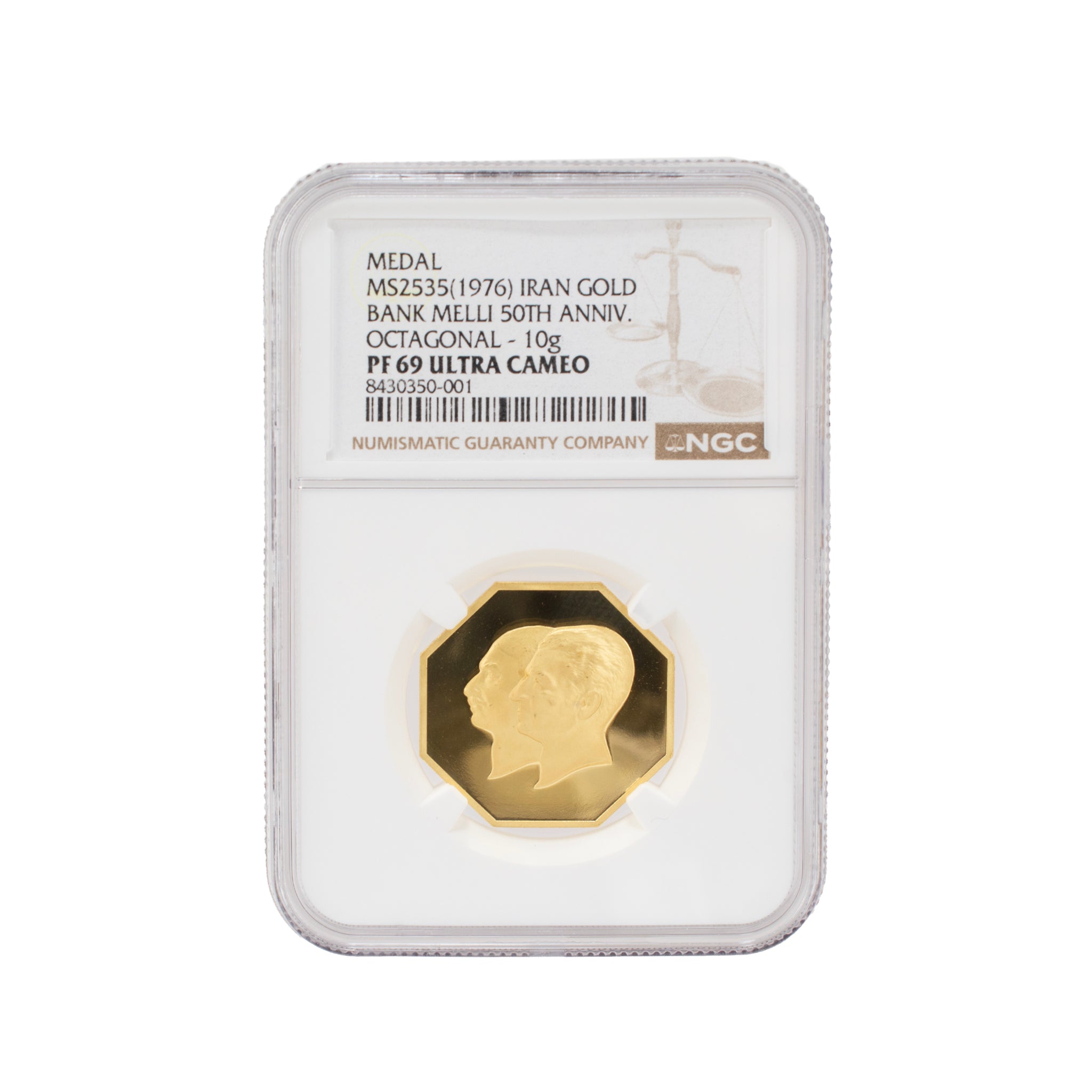 1976 Iran Ngc PF69 Ultra Cameo Gold Octagonal 50th Anniversary Bullion Medal