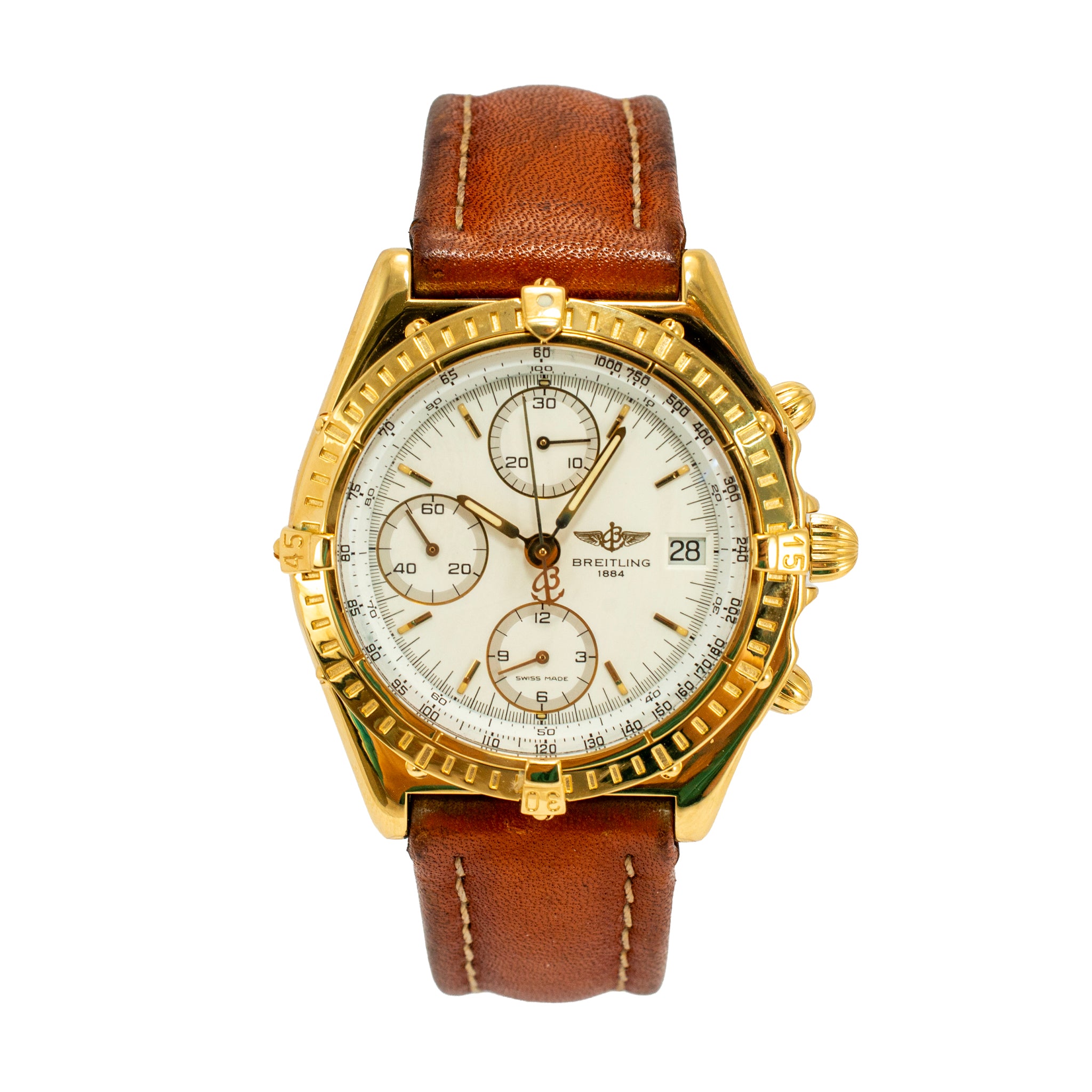 Breitling Chronomat 40MM K13048 18K Yellow Gold Brown White Chronograph Watch