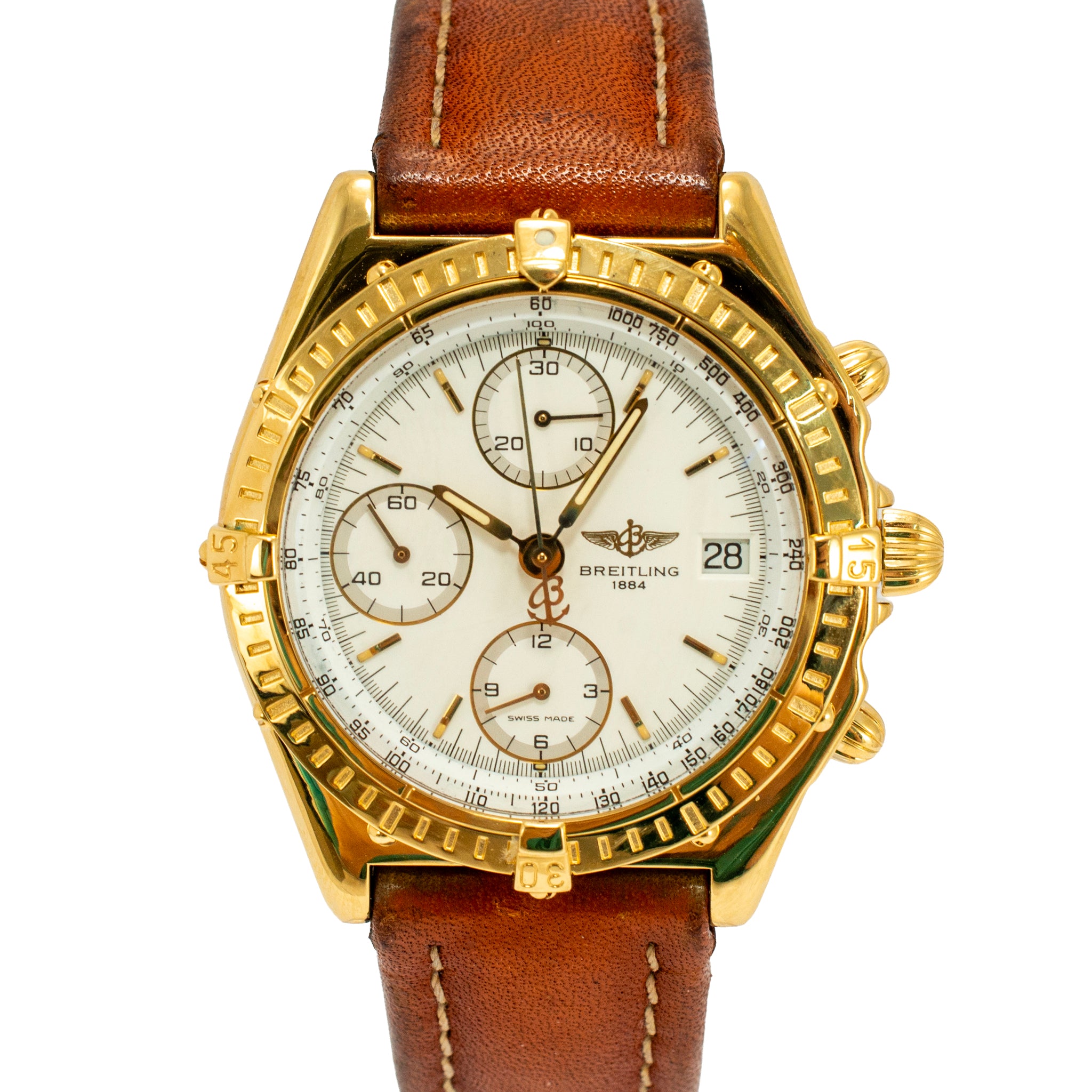 Breitling Chronomat 40MM K13048 18K Yellow Gold Brown White Chronograph Watch