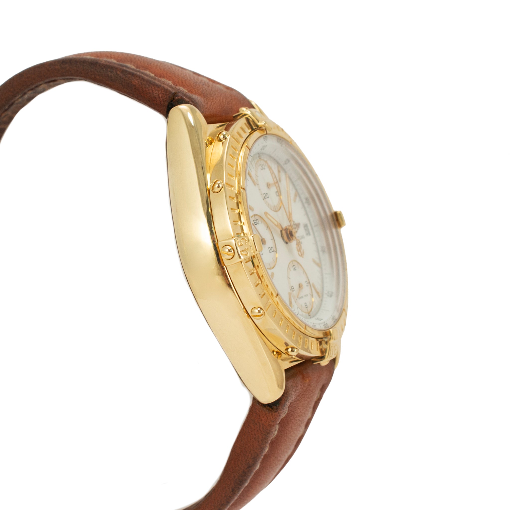 Breitling Chronomat 40MM K13048 18K Yellow Gold Brown White Chronograph Watch