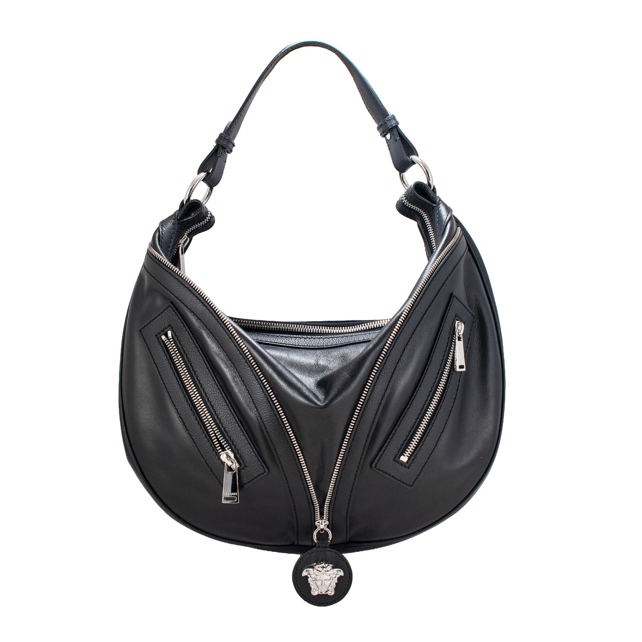 Versace Repeat Hobo Medium Black Leather Silver Hardware Shoulder Bag