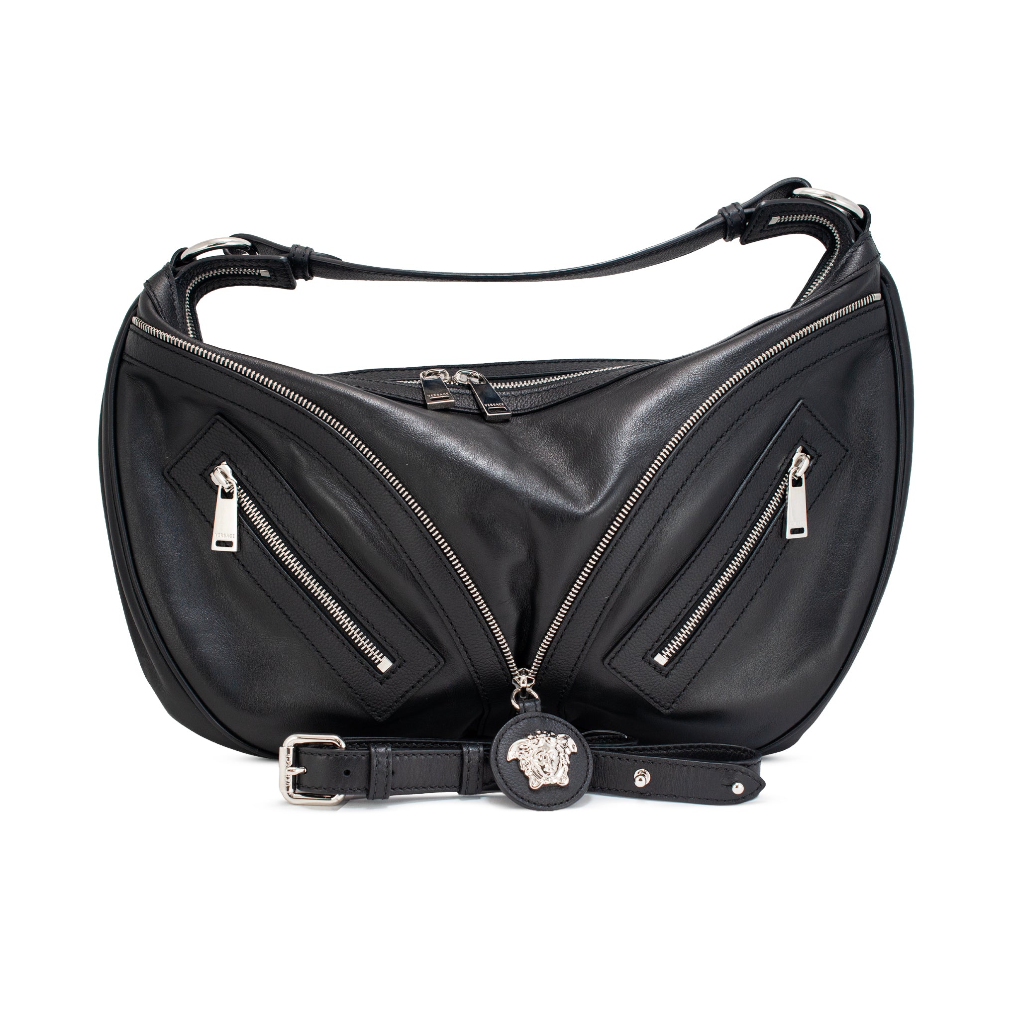 Versace Repeat Hobo Medium Black Leather Silver Hardware Shoulder Bag