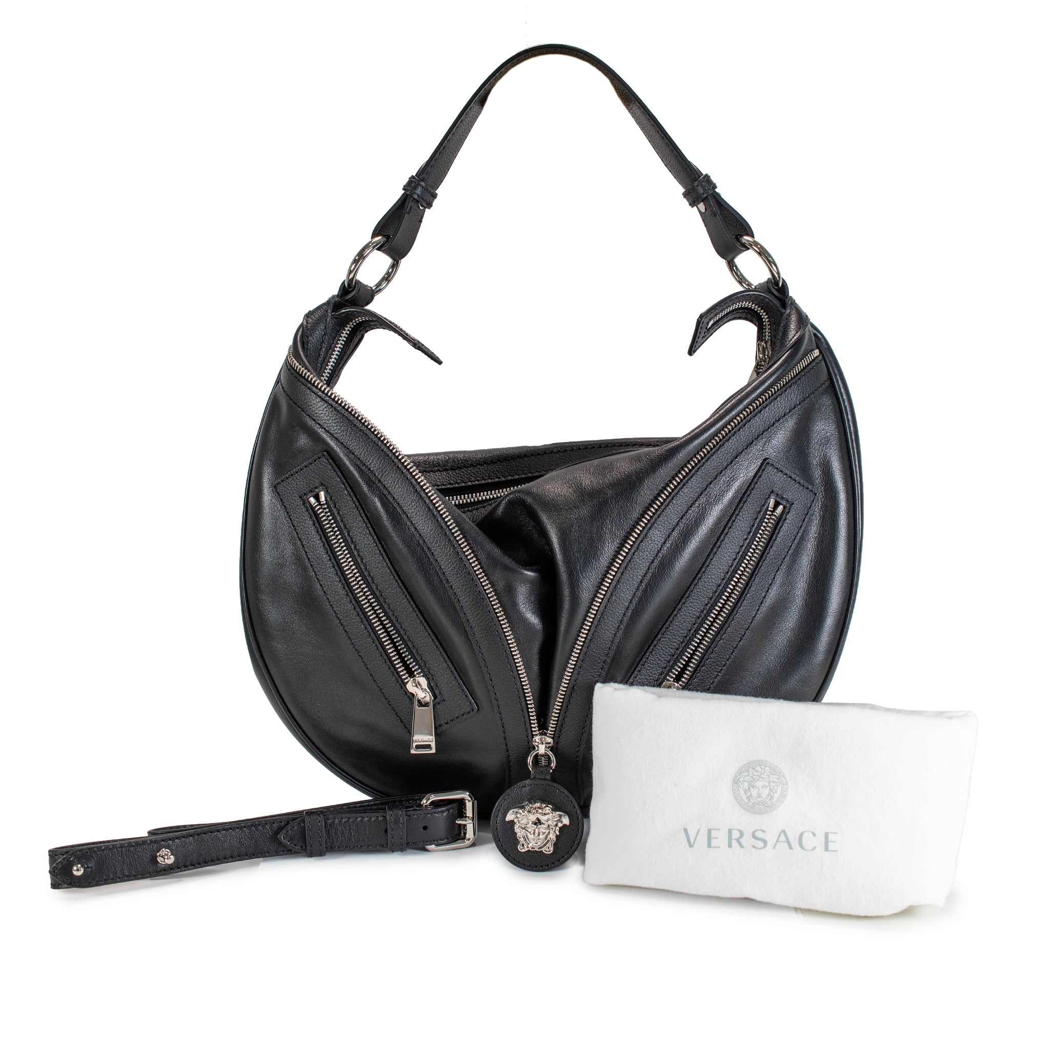 Versace Repeat Hobo Medium Black Leather Silver Hardware Shoulder Bag