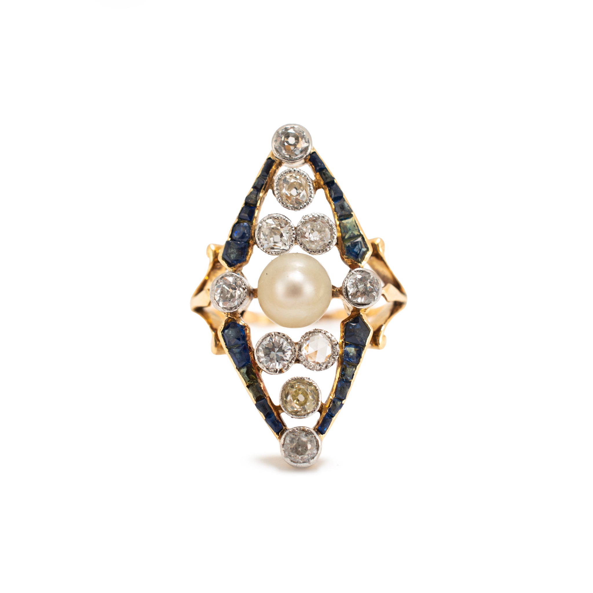 Art Nouveau Platinum 18K Gold 1.77ctw Pearl Sapphire Diamond Navette Ring