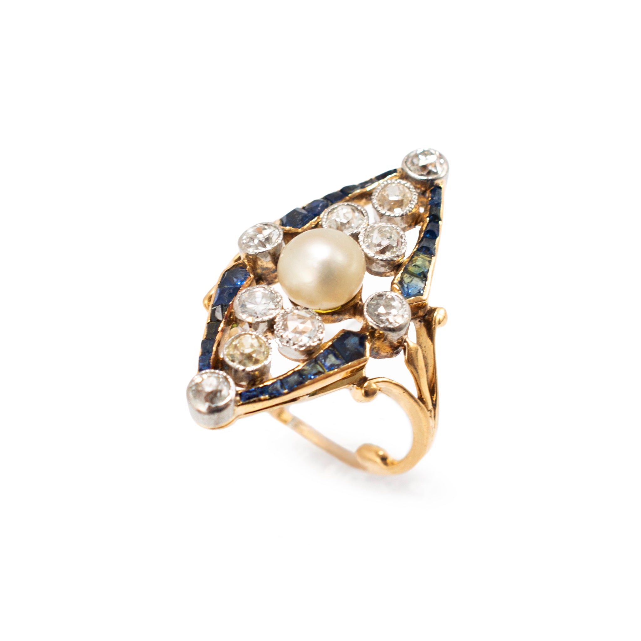 Art Nouveau Platinum 18K Gold 1.77ctw Pearl Sapphire Diamond Navette Ring