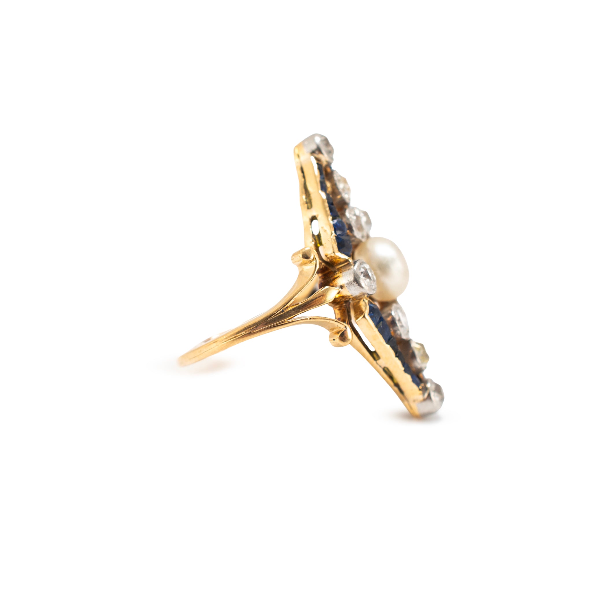 Art Nouveau Platinum 18K Gold 1.77ctw Pearl Sapphire Diamond Navette Ring