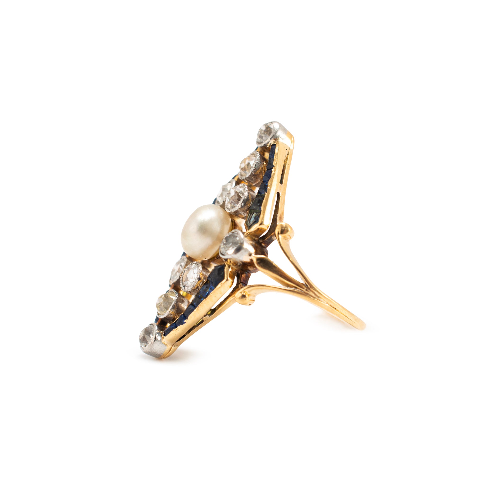 Art Nouveau Platinum 18K Gold 1.77ctw Pearl Sapphire Diamond Navette Ring