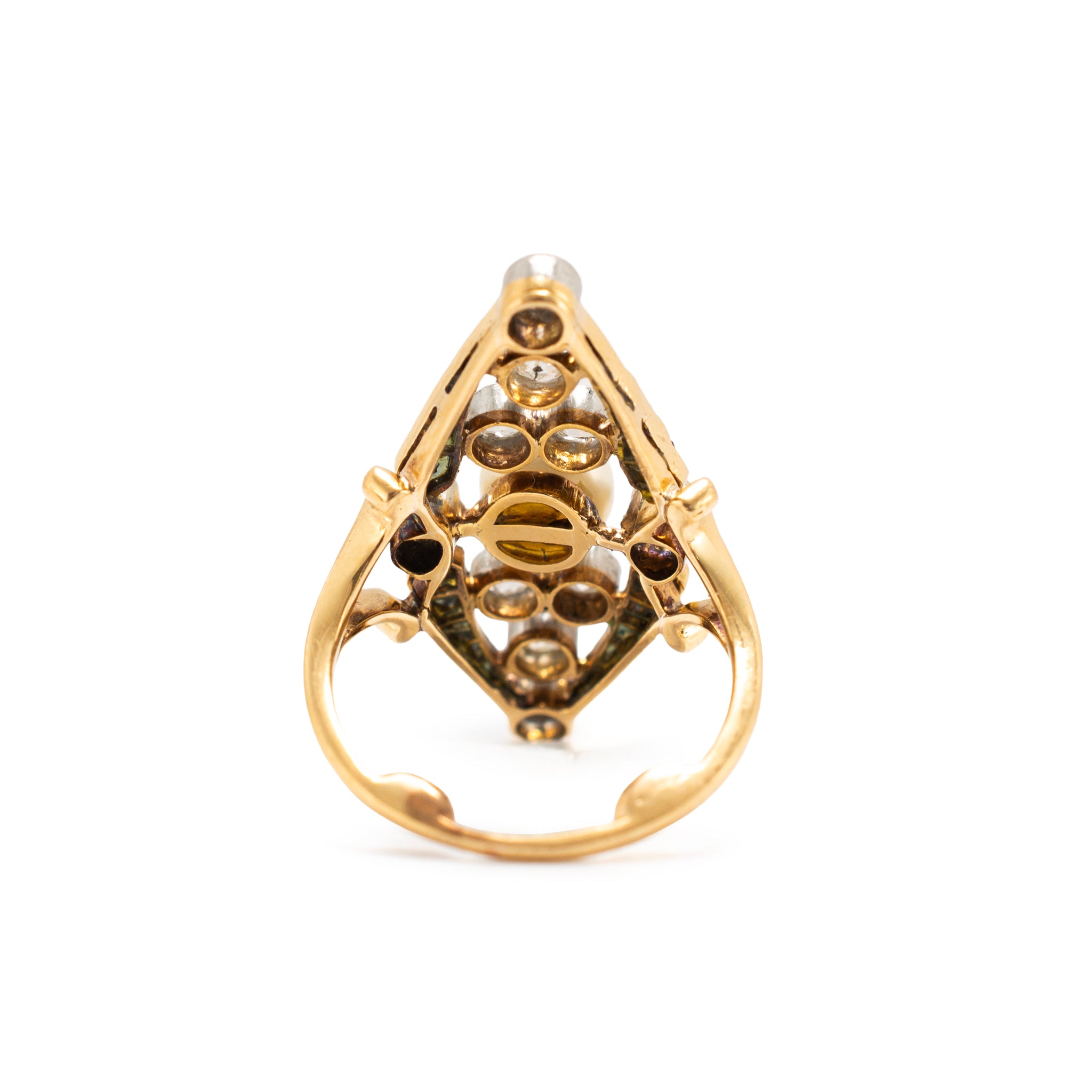 Art Nouveau Platinum 18K Gold 1.77ctw Pearl Sapphire Diamond Navette Ring