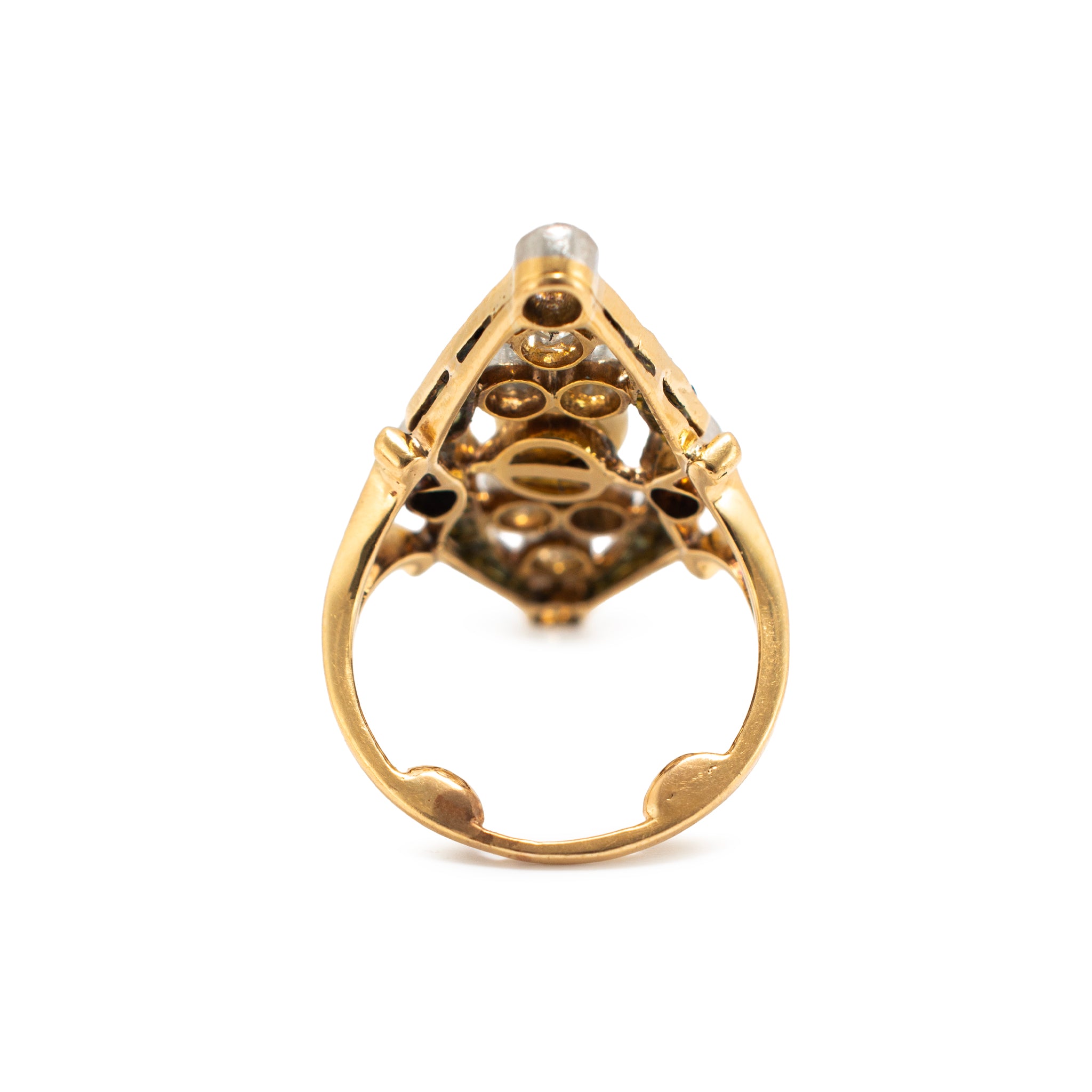 Art Nouveau Platinum 18K Gold 1.77ctw Pearl Sapphire Diamond Navette Ring