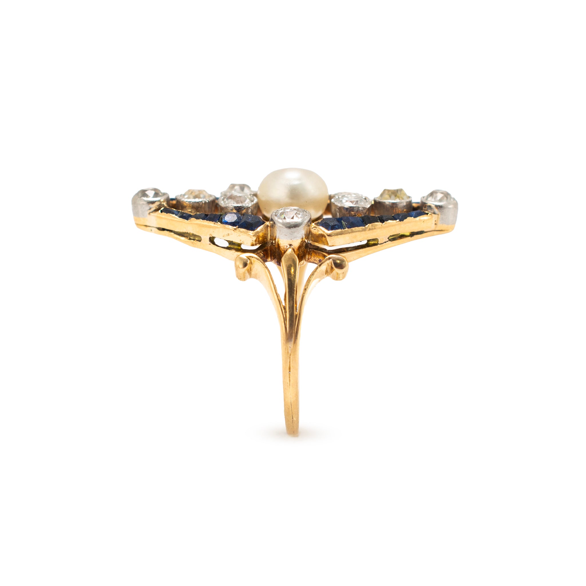 Art Nouveau Platinum 18K Gold 1.77ctw Pearl Sapphire Diamond Navette Ring
