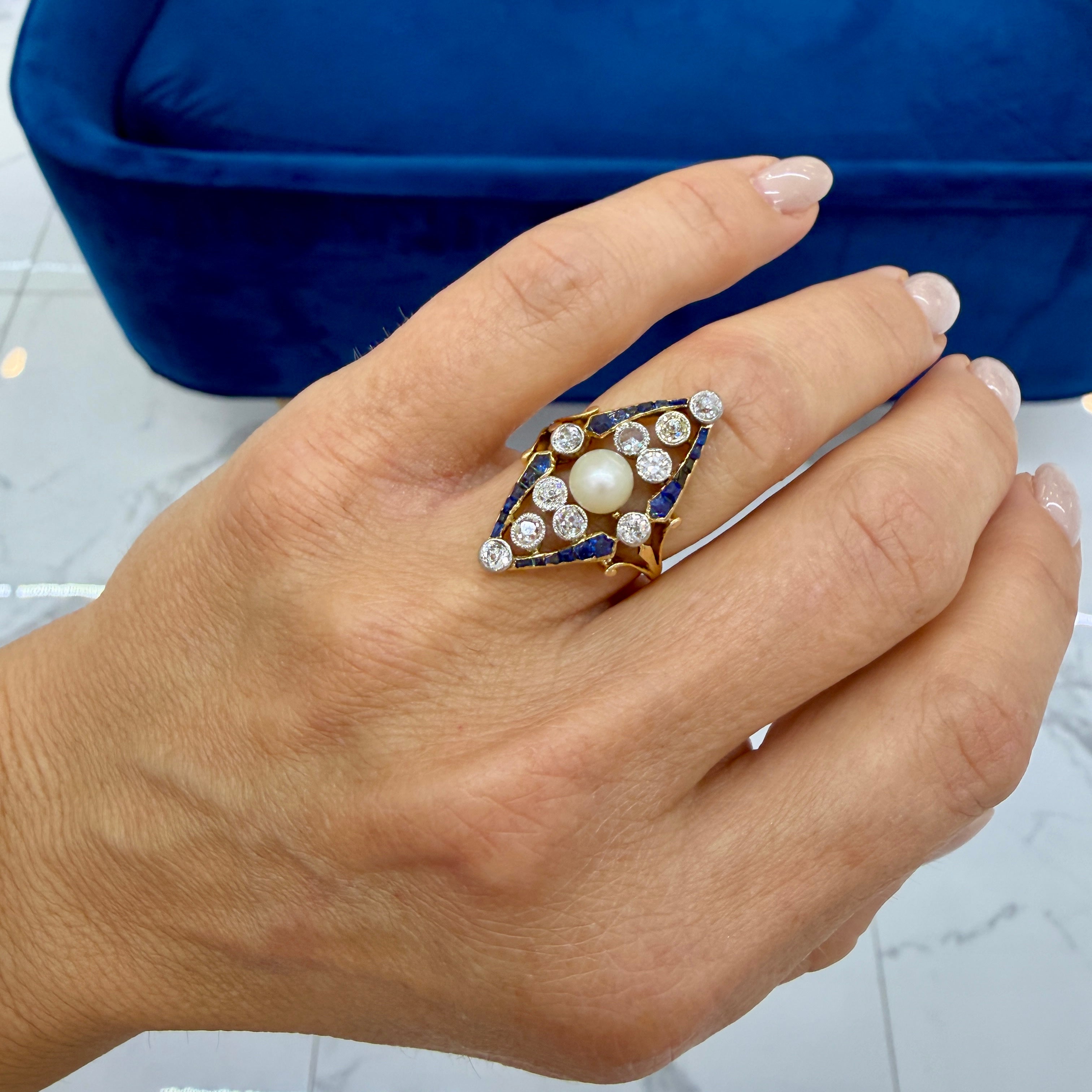Art Nouveau Platinum 18K Gold 1.77ctw Pearl Sapphire Diamond Navette Ring