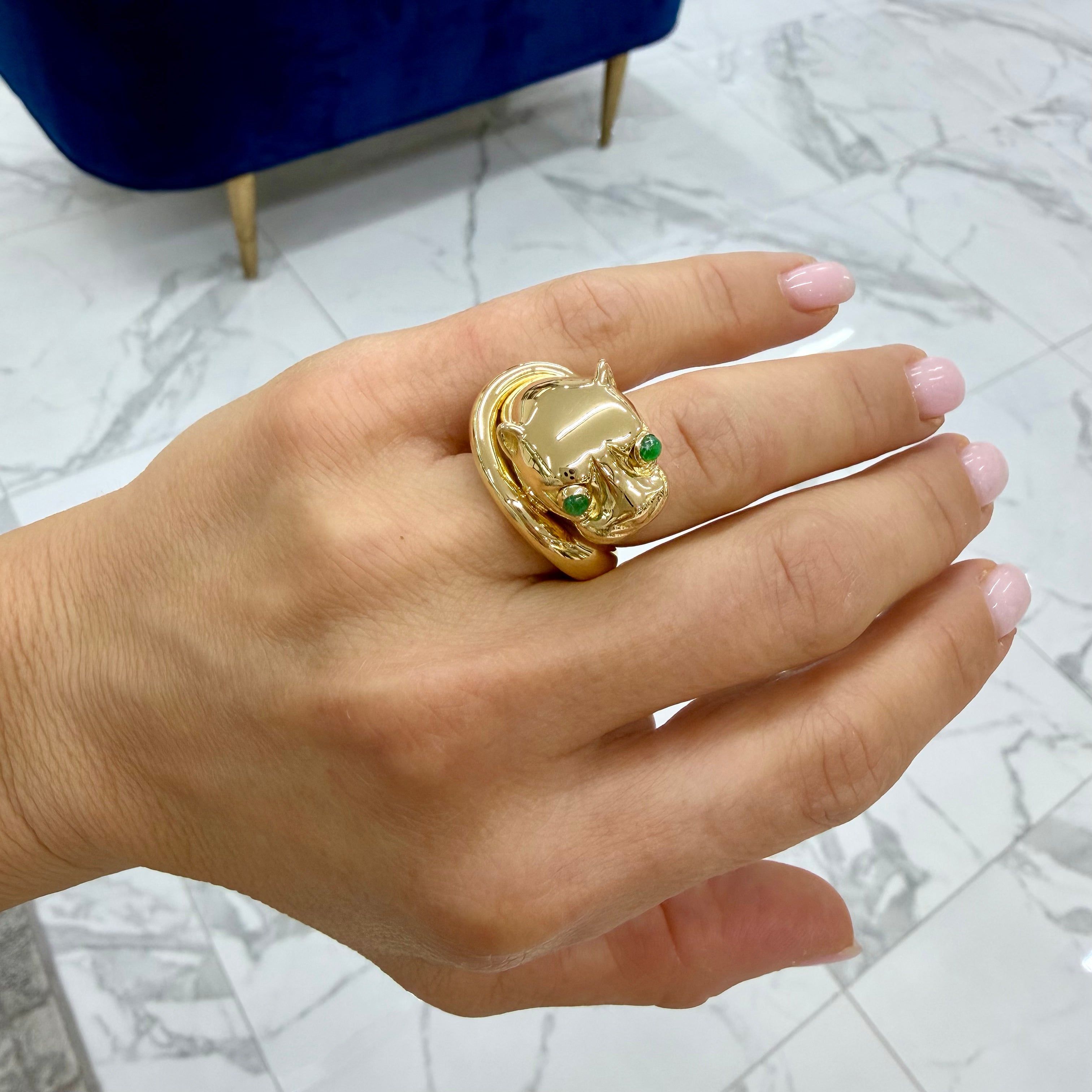 Vintage David Webb 18K Yellow Gold Emerald Eyes Panther Cocktail Ring