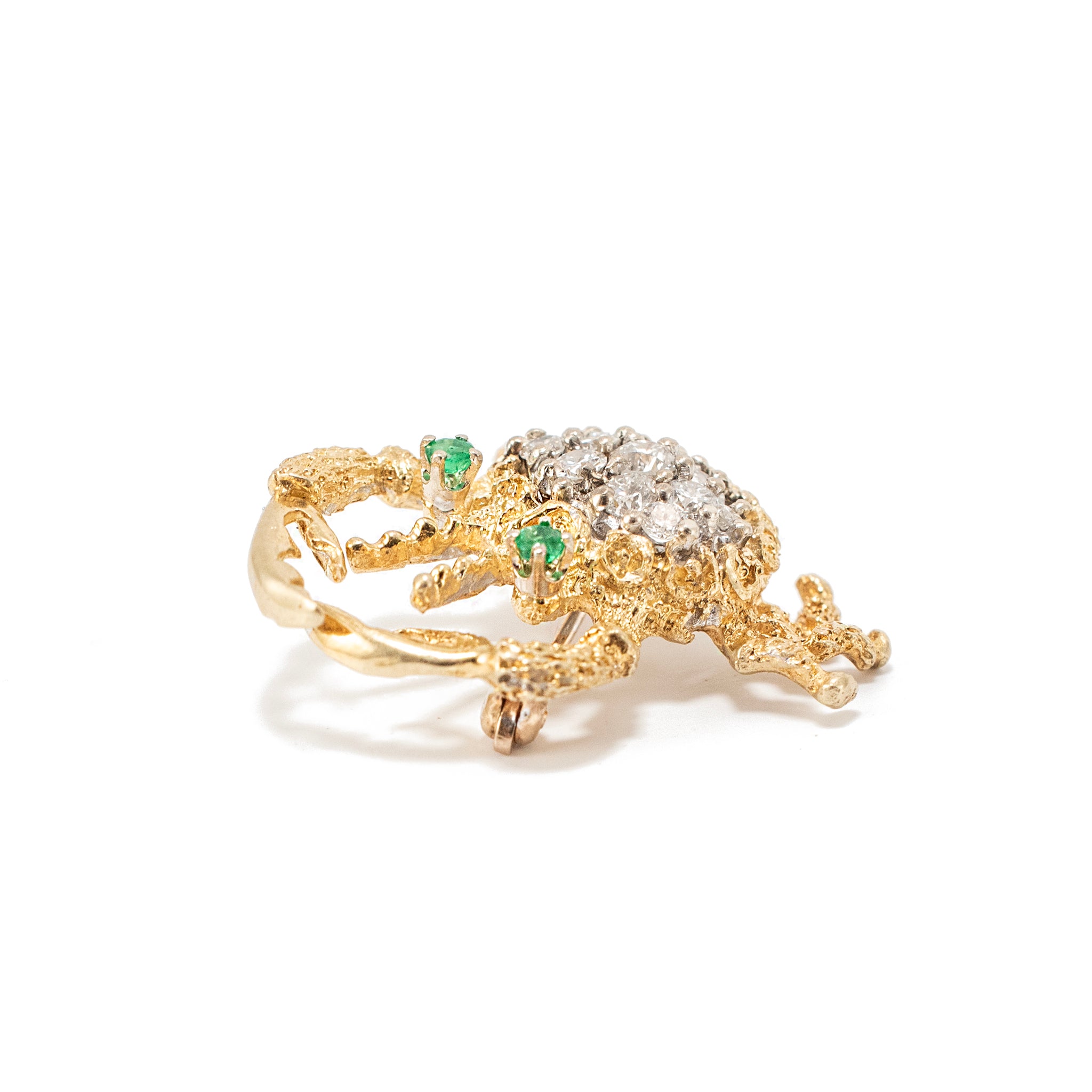 Vintage Herbert Rosenthal 18K Gold 0.57ctw Diamond Emerald Eyes Crab PIN Brooch