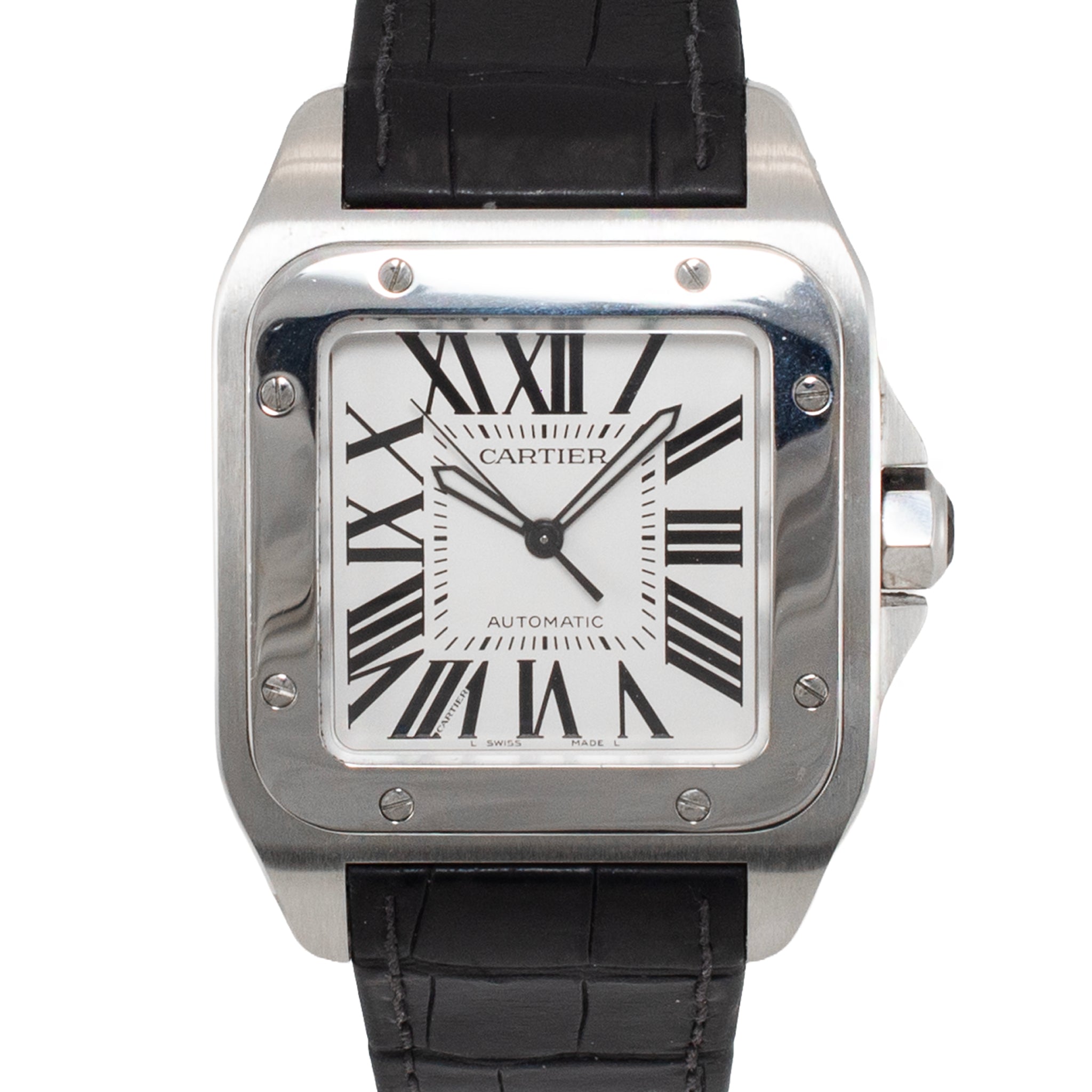 Cartier Santos 100 38MM X 51MM 2656 XL Roman Black Leather Stainless Steel Watch