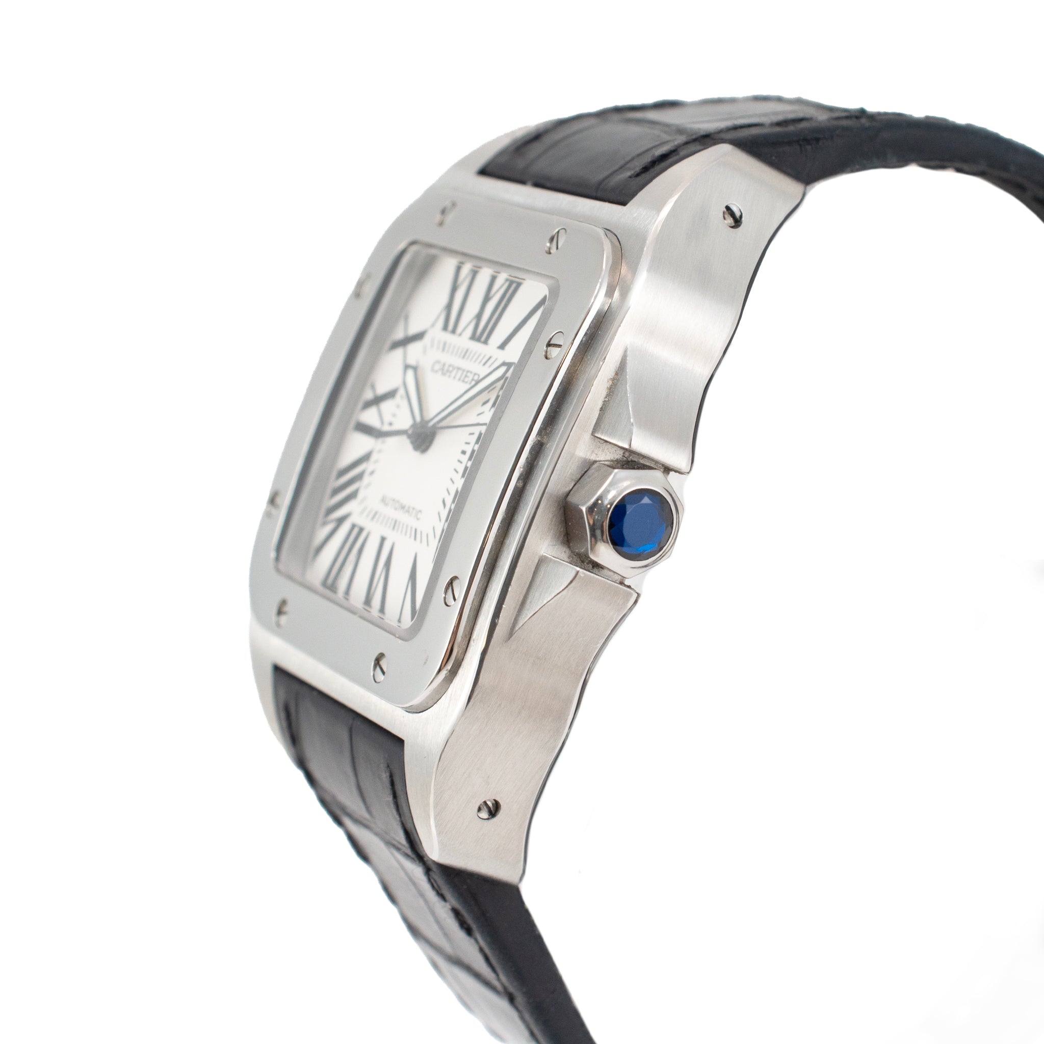 Cartier Santos 100 38MM X 51MM 2656 XL Roman Black Leather Stainless S