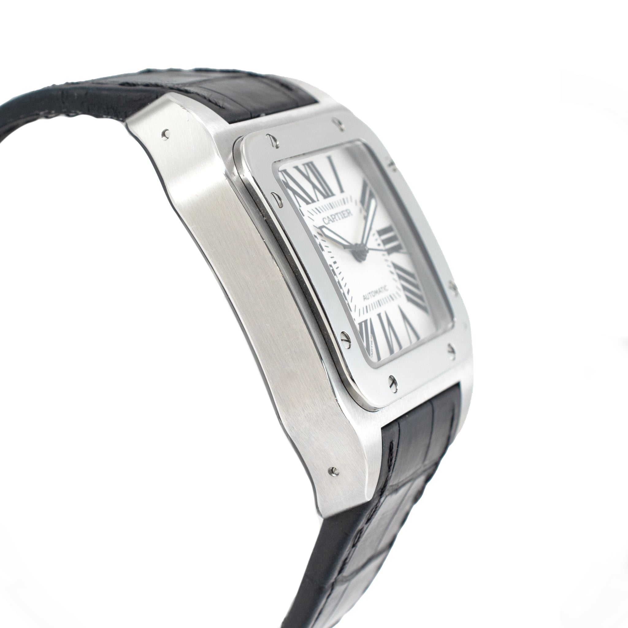 Cartier Santos 100 38MM X 51MM 2656 XL Roman Black Leather Stainless Steel Watch