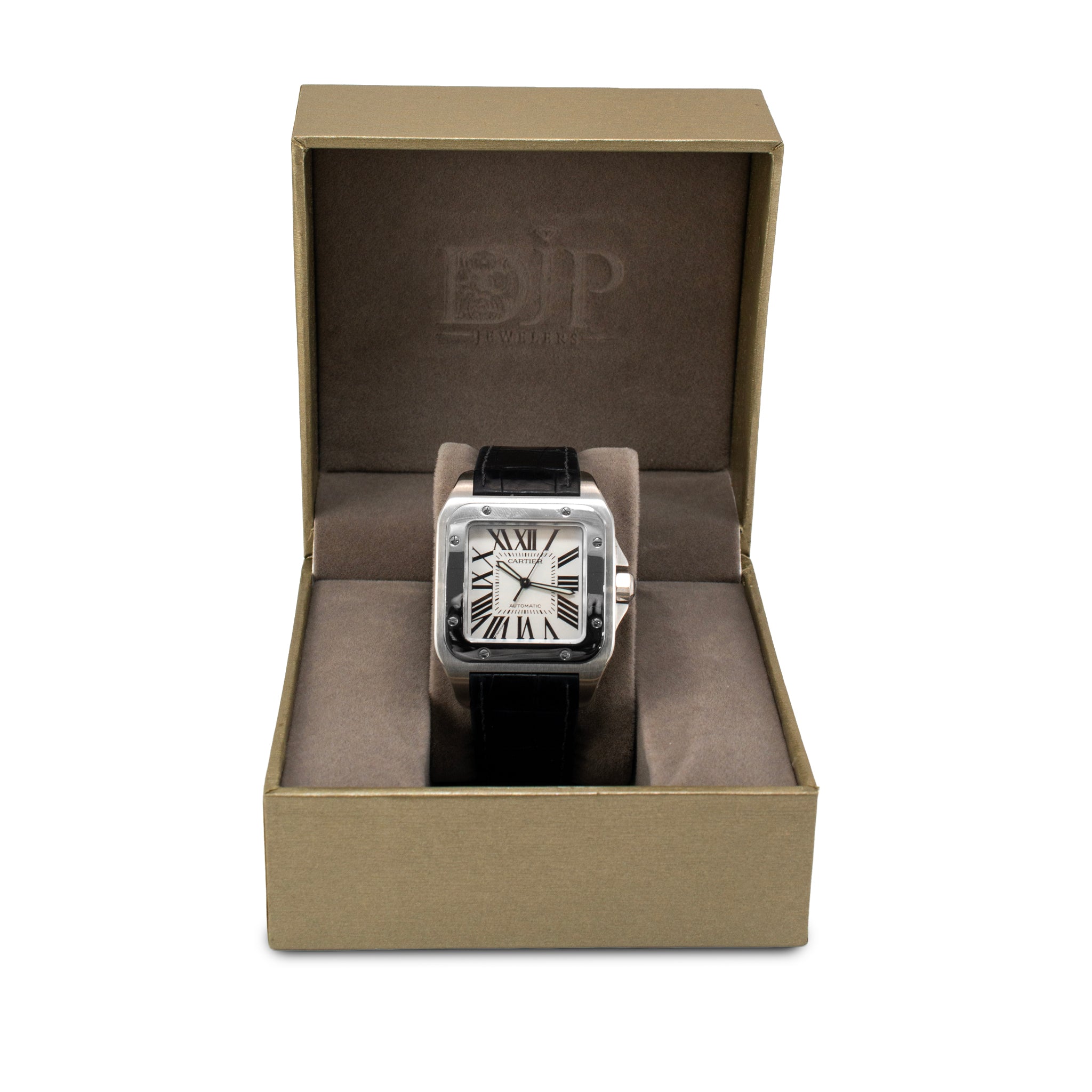 Cartier Santos 100 38MM X 51MM 2656 XL Roman Black Leather Stainless Steel Watch