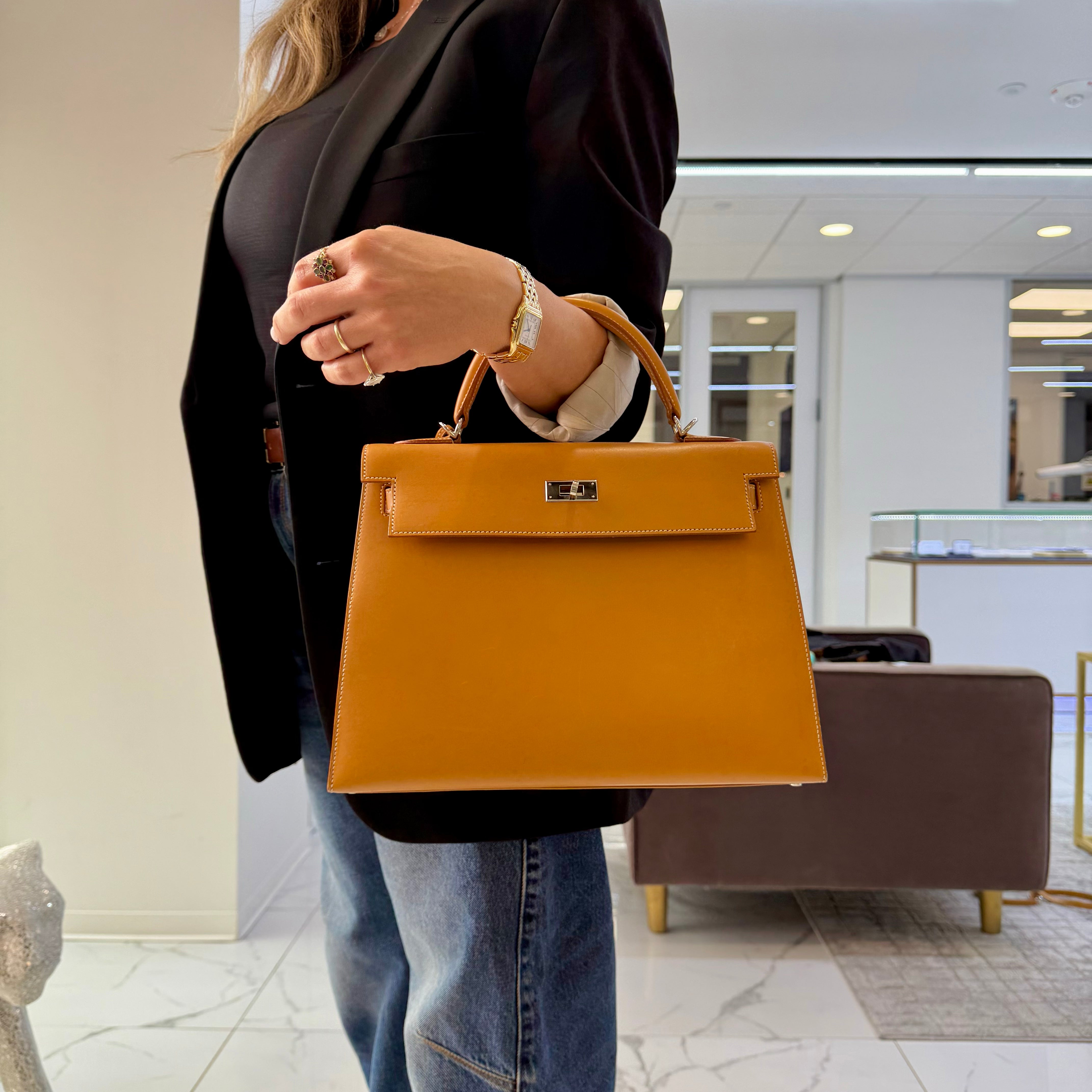 Hermès Kelly 32 Gold Box Calf Leather Palladium Hardware Top Handle Bag