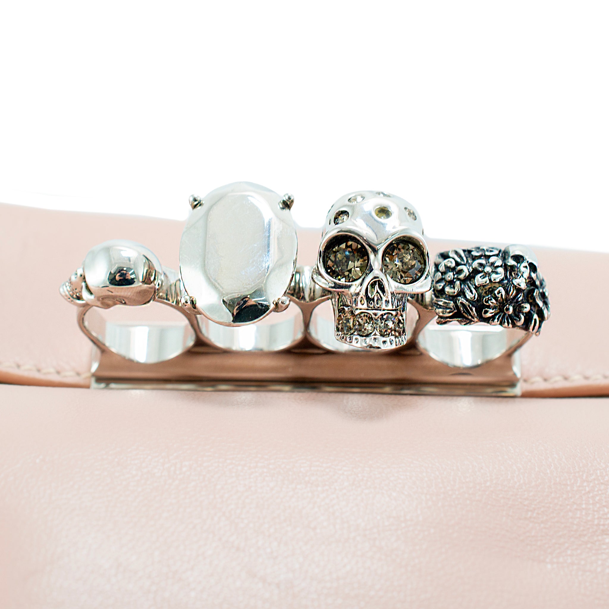 Alexander McQueen Rose Pink Skull Jewel Four-Ring Soft Leather Clutch Bag