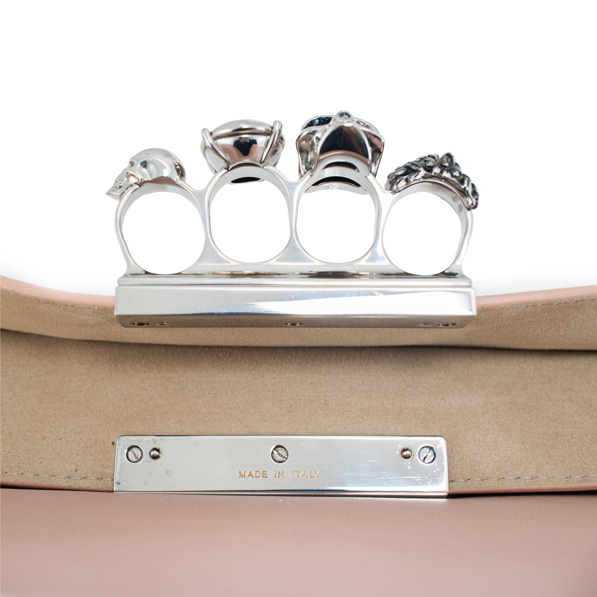 Alexander McQueen Rose Pink Skull Jewel Four-Ring Soft Leather Clutch Bag