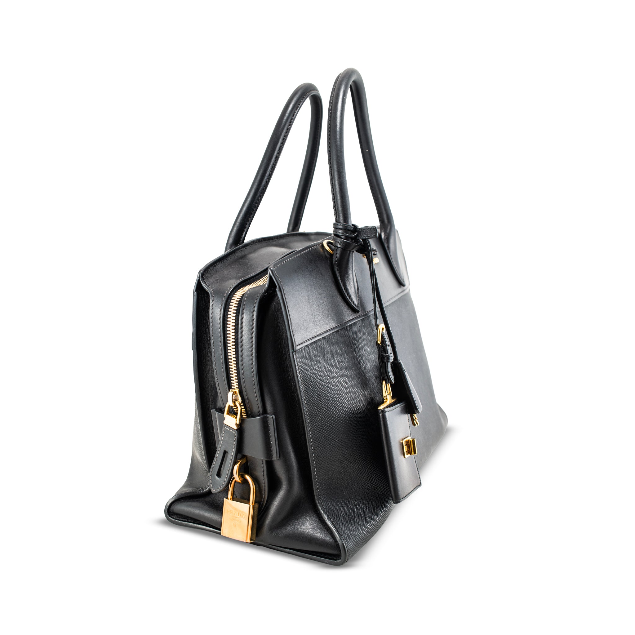 Prada Saffiano City Black Gold Hardware Leather Structured Tote Bag