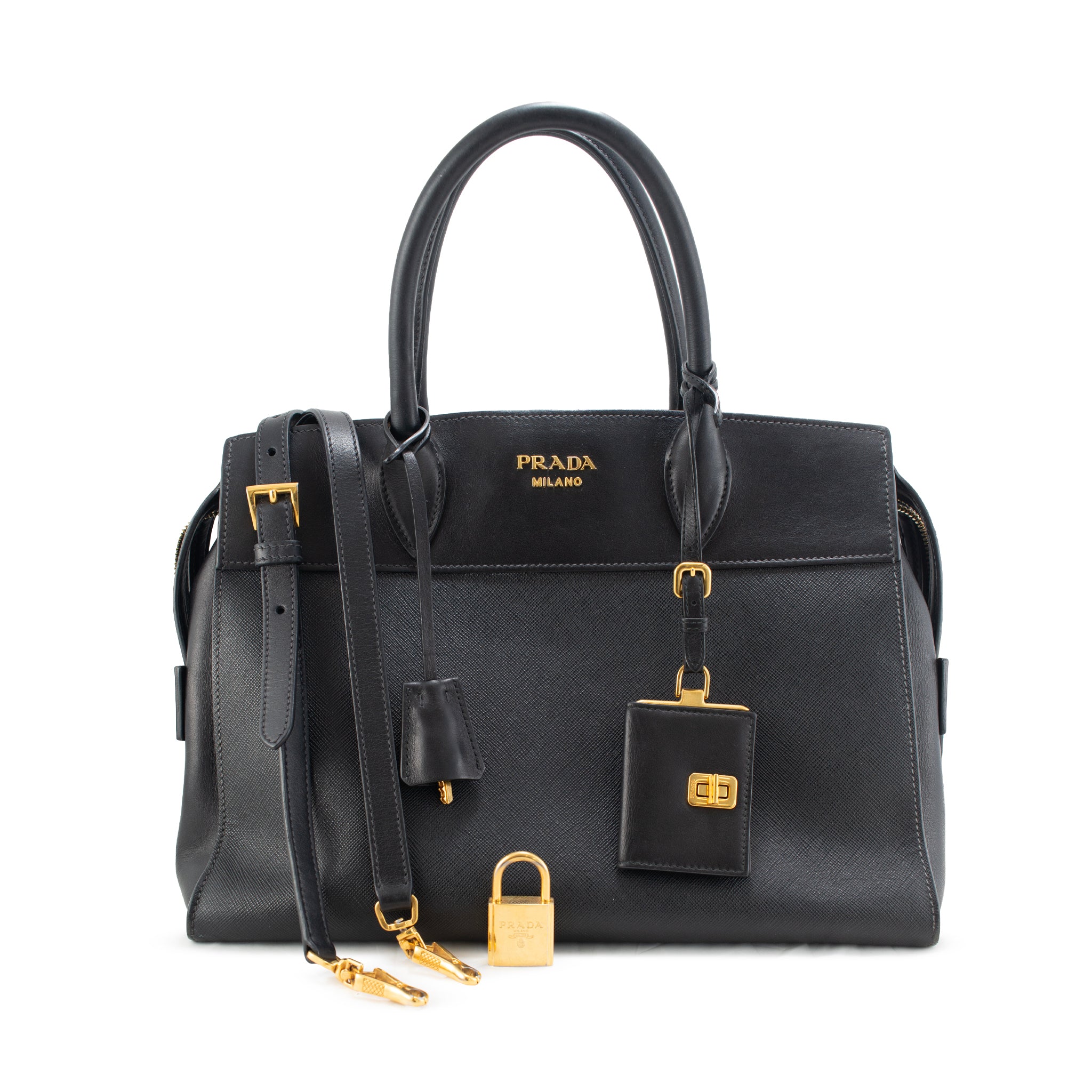 Prada Saffiano City Black Gold Hardware Leather Structured Tote Bag