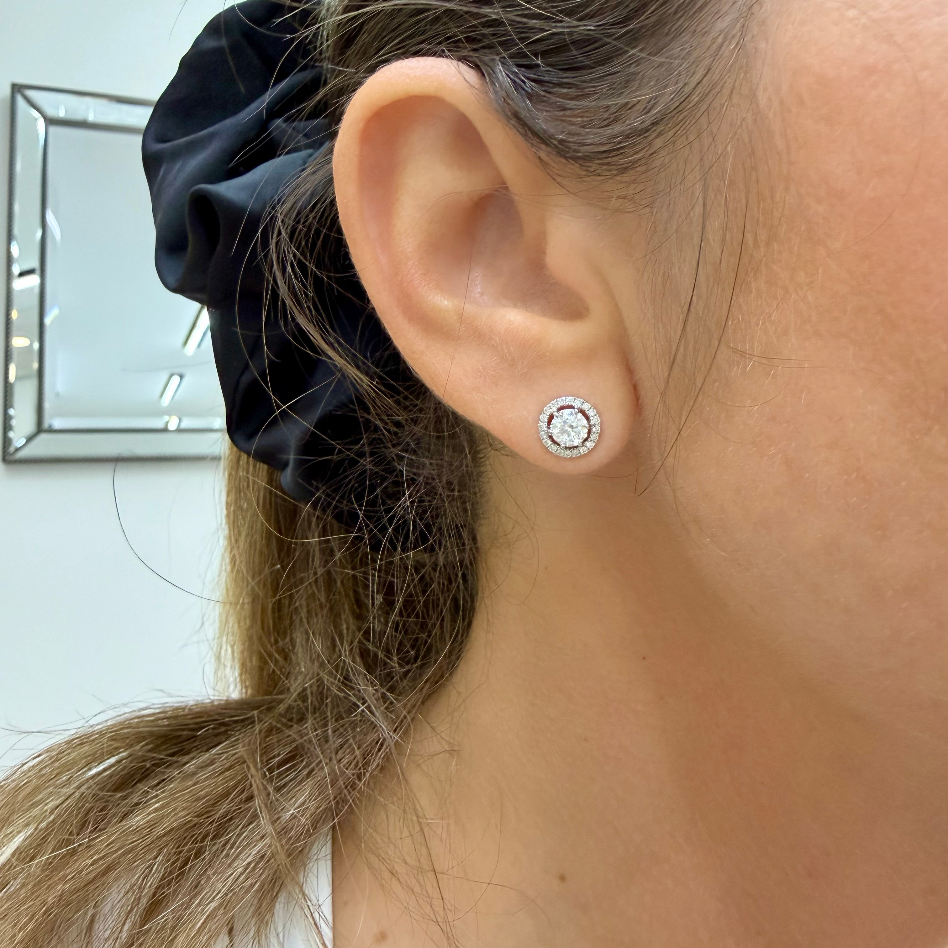 Unisex 18K White Gold GIA 1.21ctw Round Brilliant Cut Diamond Halo Stud Earrings