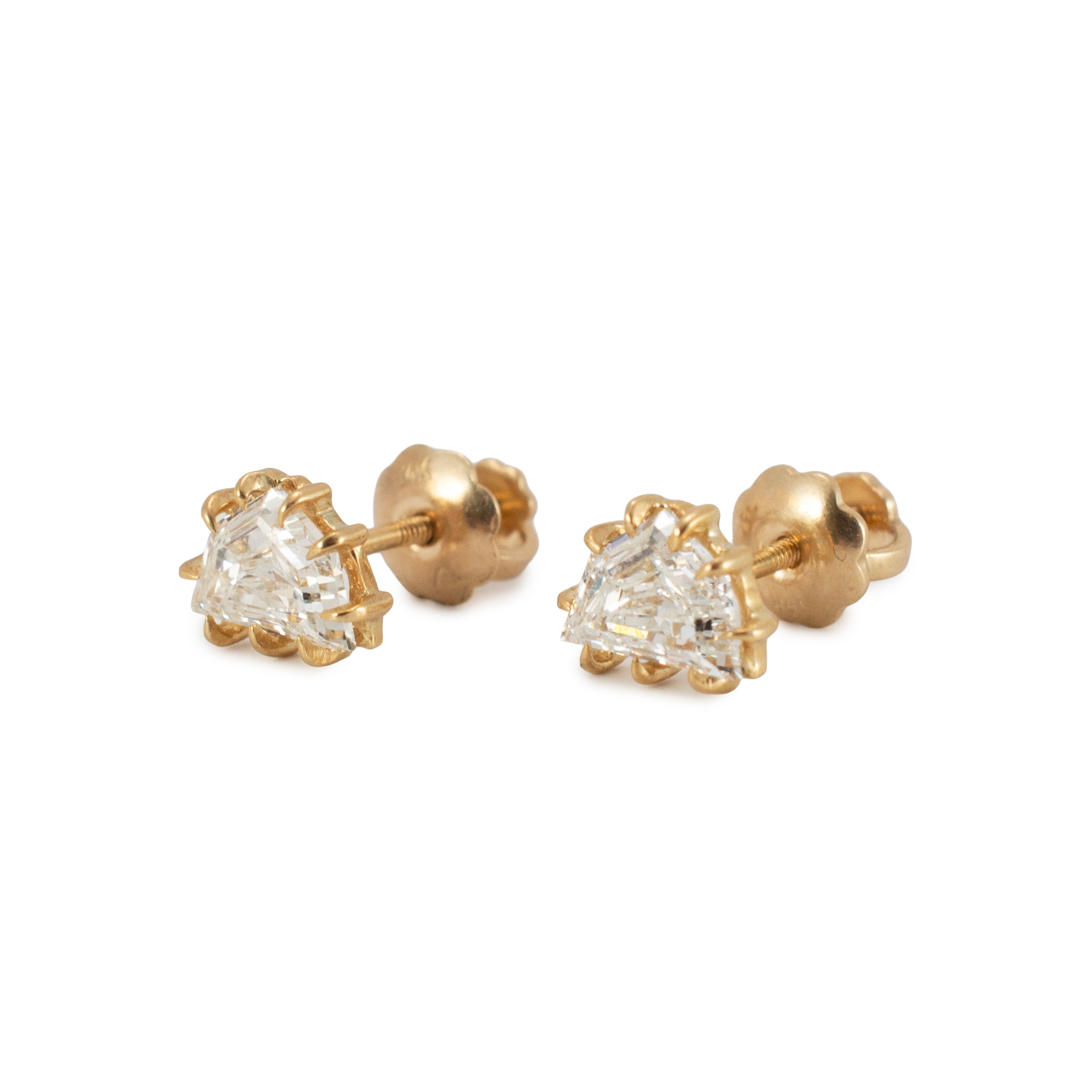 Ladies 14K Yellow Gold 0.53ct Shield Cut Diamond Nine Prongs Stud Earrings