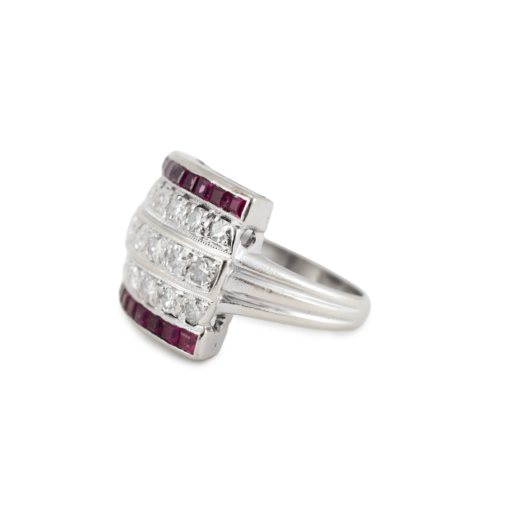 Antique Art Deco 14K White Gold 1.44ct Five Row Diamond Ruby Band Ring