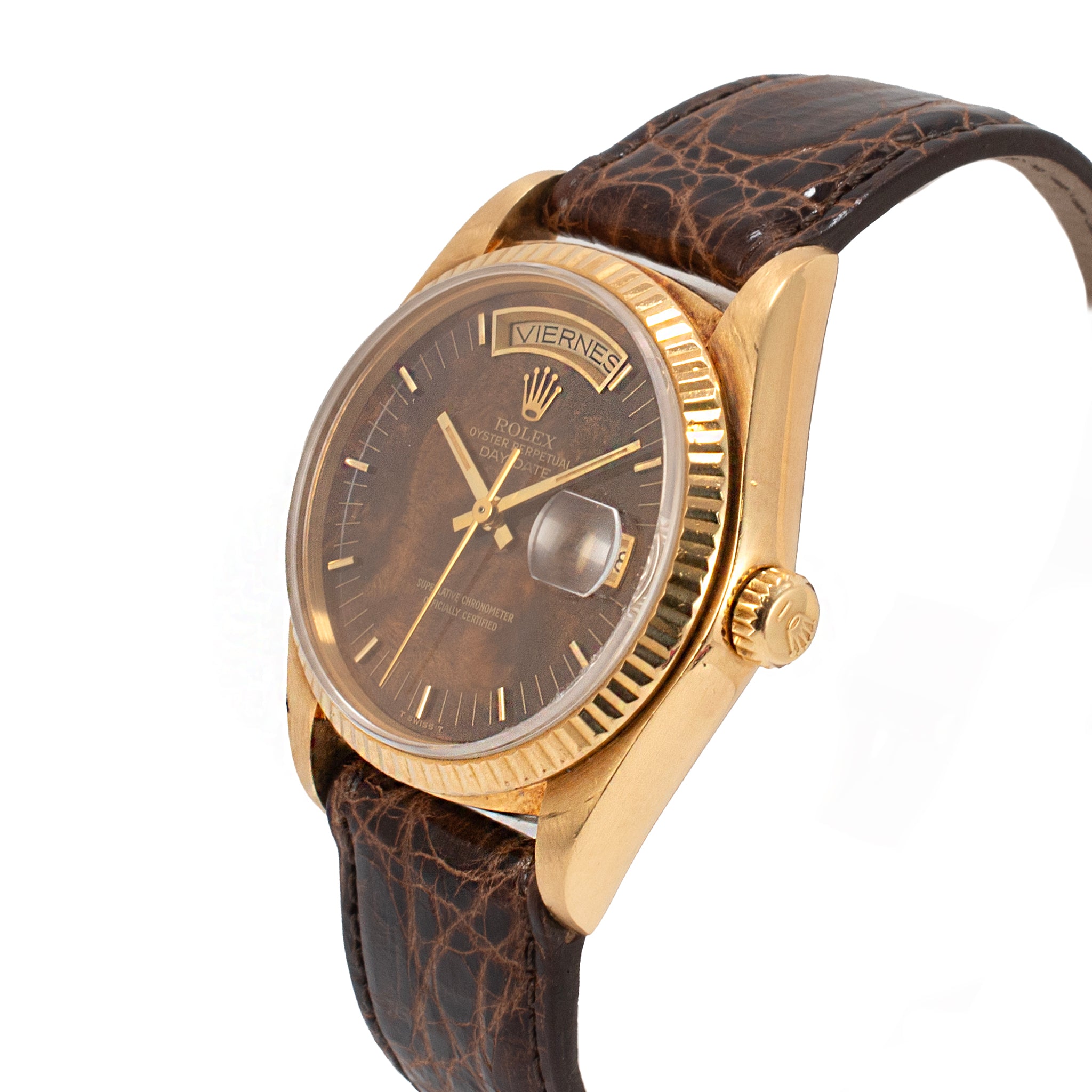 Vintage Rolex Day Date 36MM 18038 Spanish Wood Dial Brown Leather 18K Gold Watch