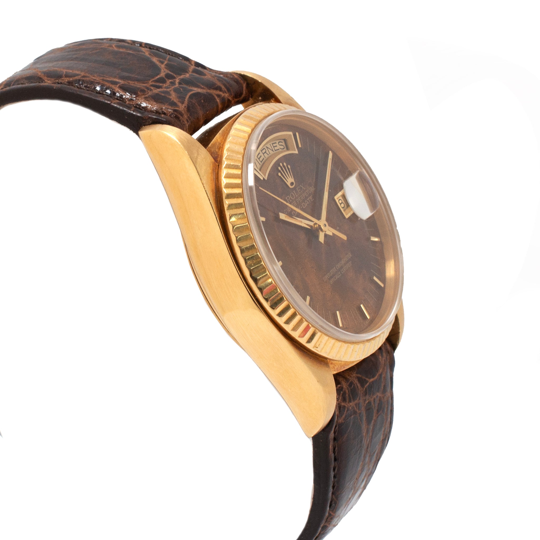 Vintage Rolex Day Date 36MM 18038 Spanish Wood Dial Brown Leather 18K Gold Watch