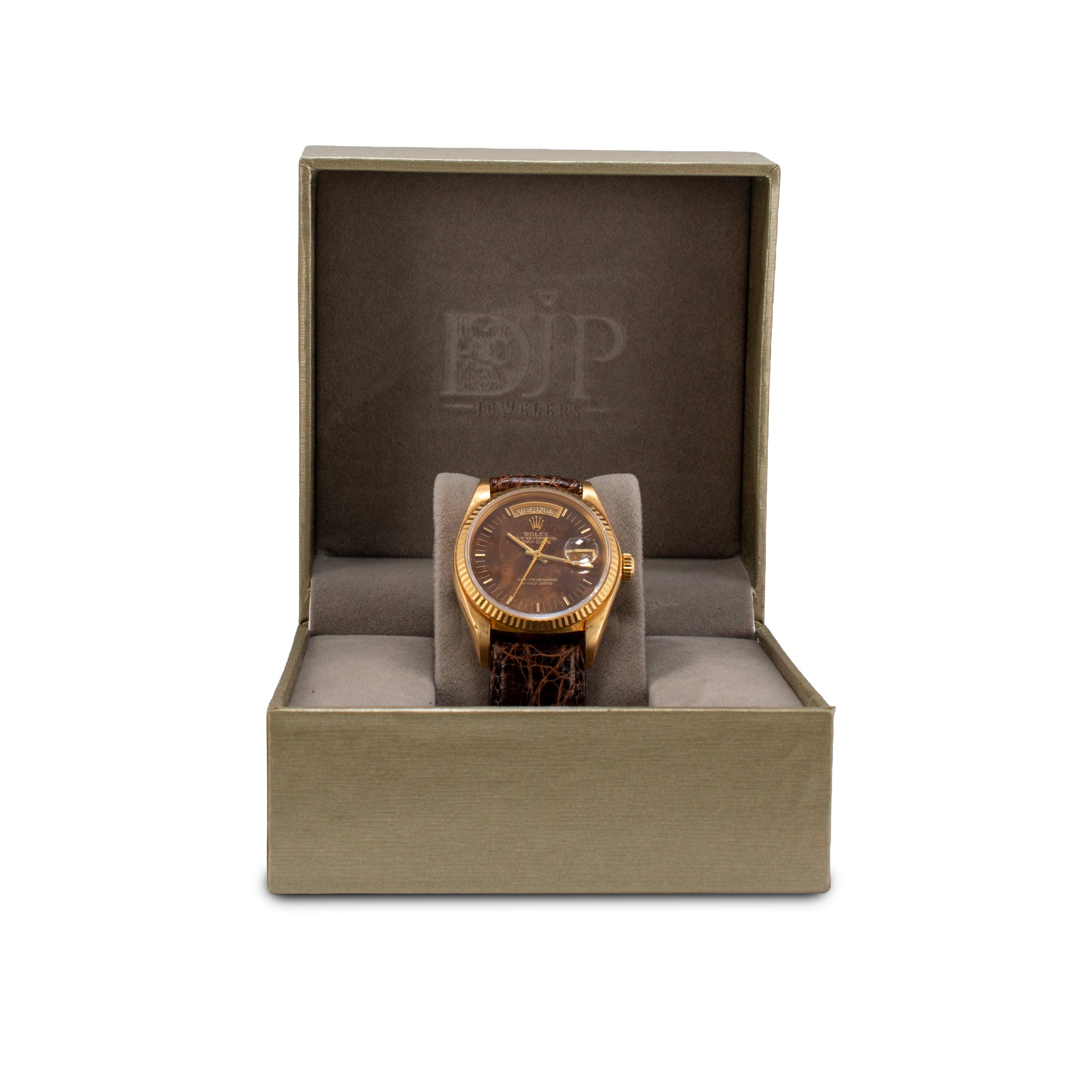 Vintage Rolex Day Date 36MM 18038 Spanish Wood Dial Brown Leather 18K Gold Watch