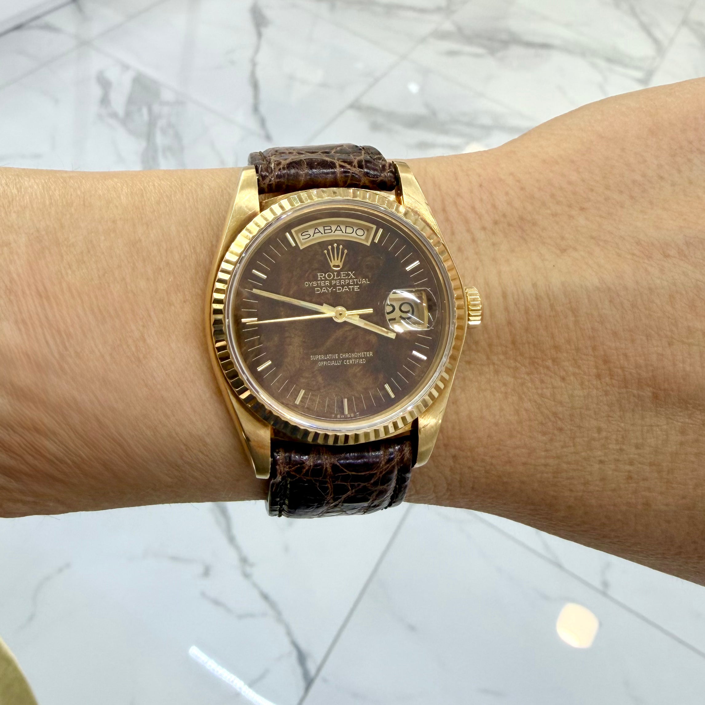 Vintage Rolex Day Date 36MM 18038 Spanish Wood Dial Brown Leather 18K Gold Watch