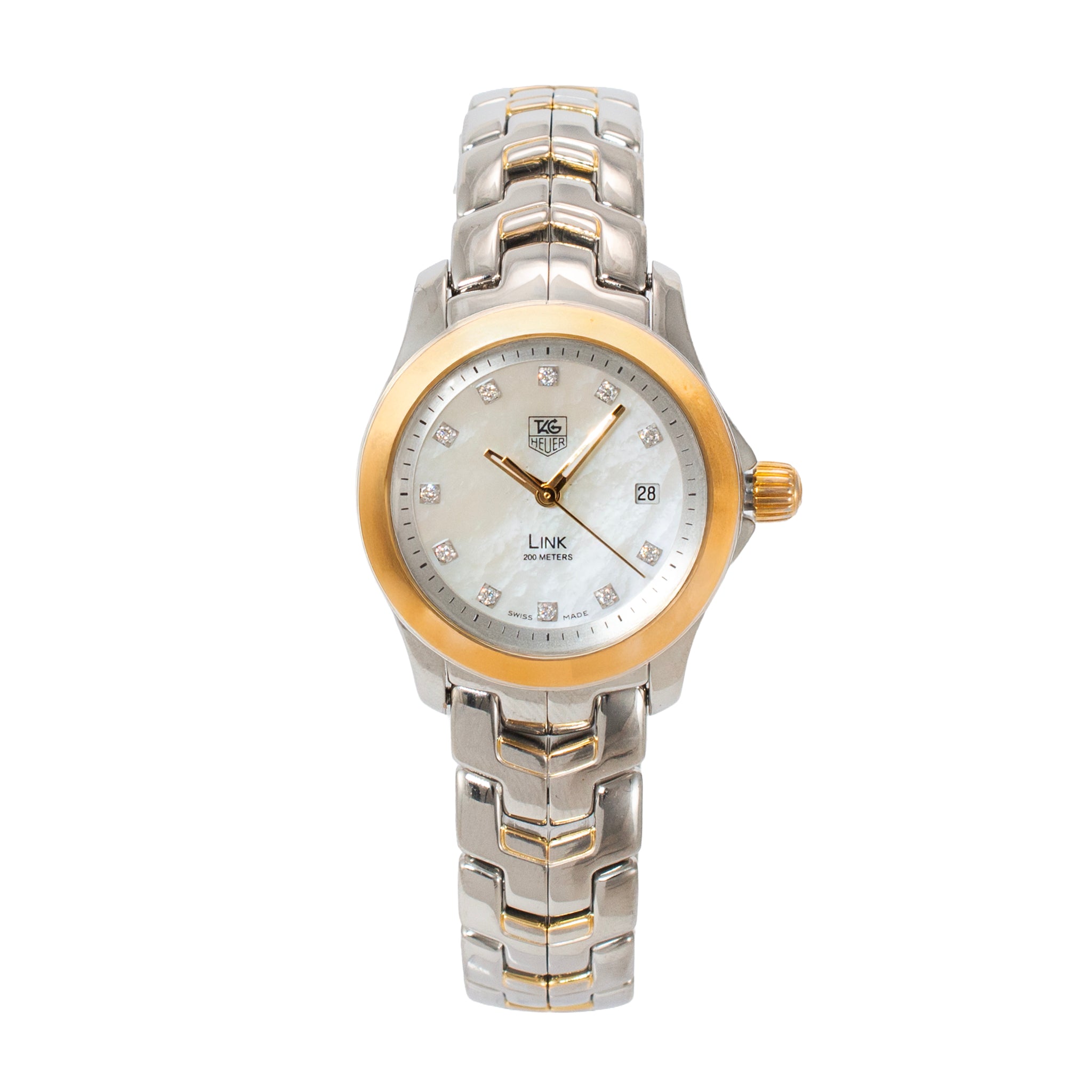 Ladies Tag Heuer Link Lady 27MM WJF1353 Mop Diamond Dial Gold Steel Qu