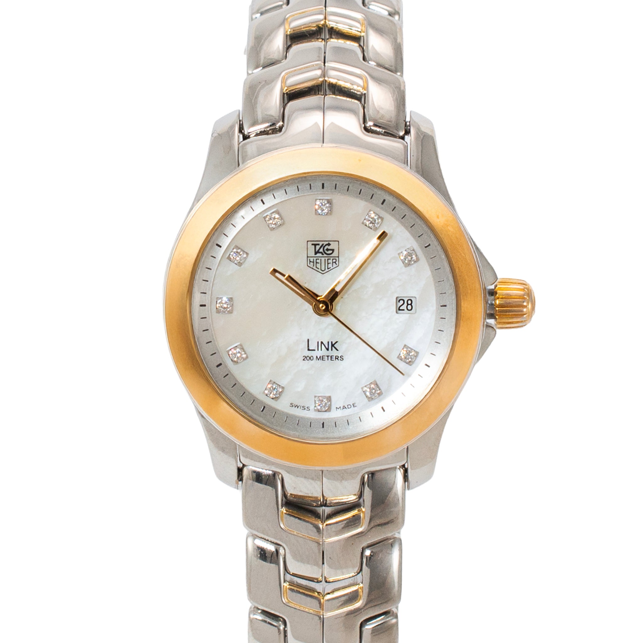 Ladies Tag Heuer Link Lady 27MM WJF1353 Mop Diamond Dial Gold Steel Quartz Watch