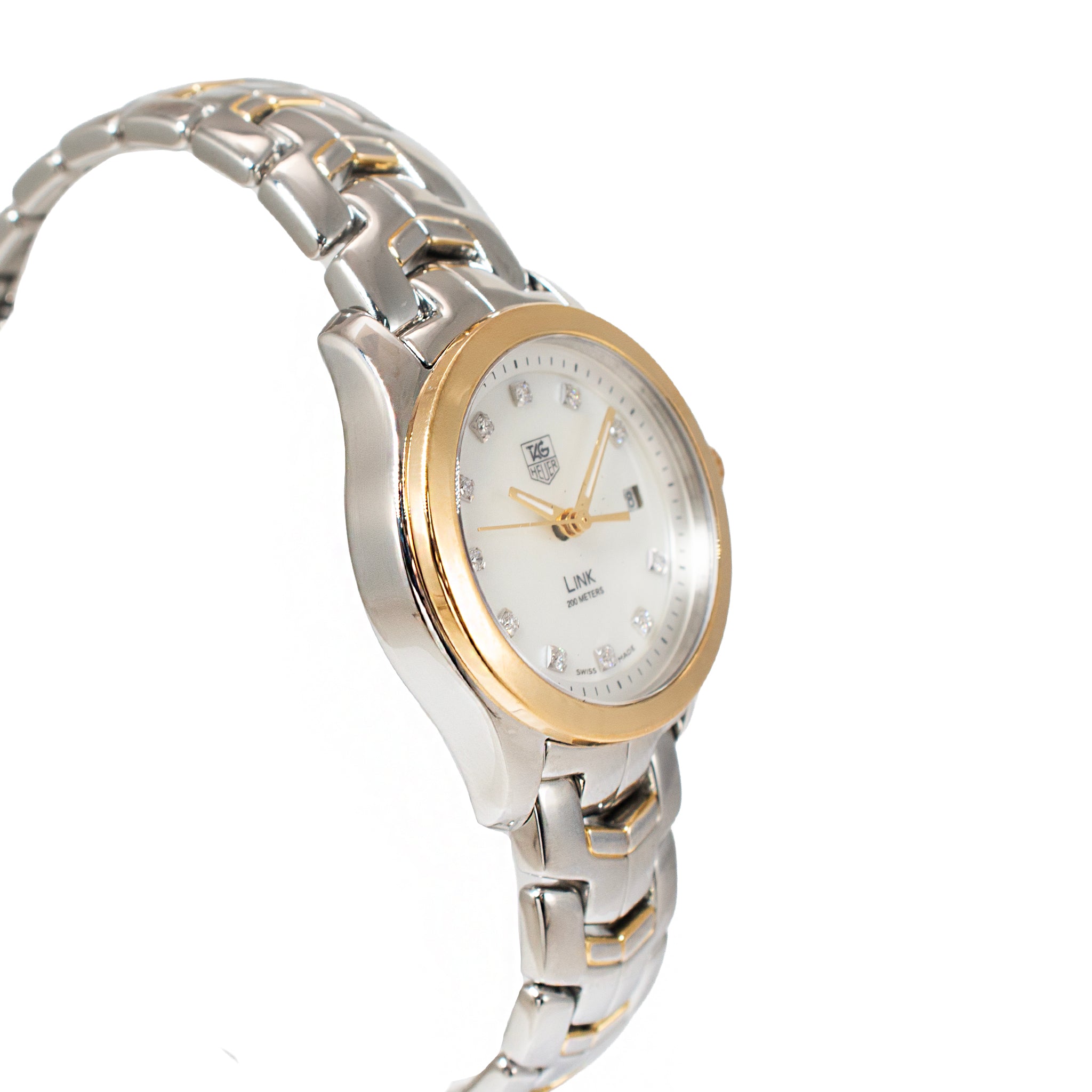 Ladies Tag Heuer Link Lady 27MM WJF1353 Mop Diamond Dial Gold Steel Quartz Watch