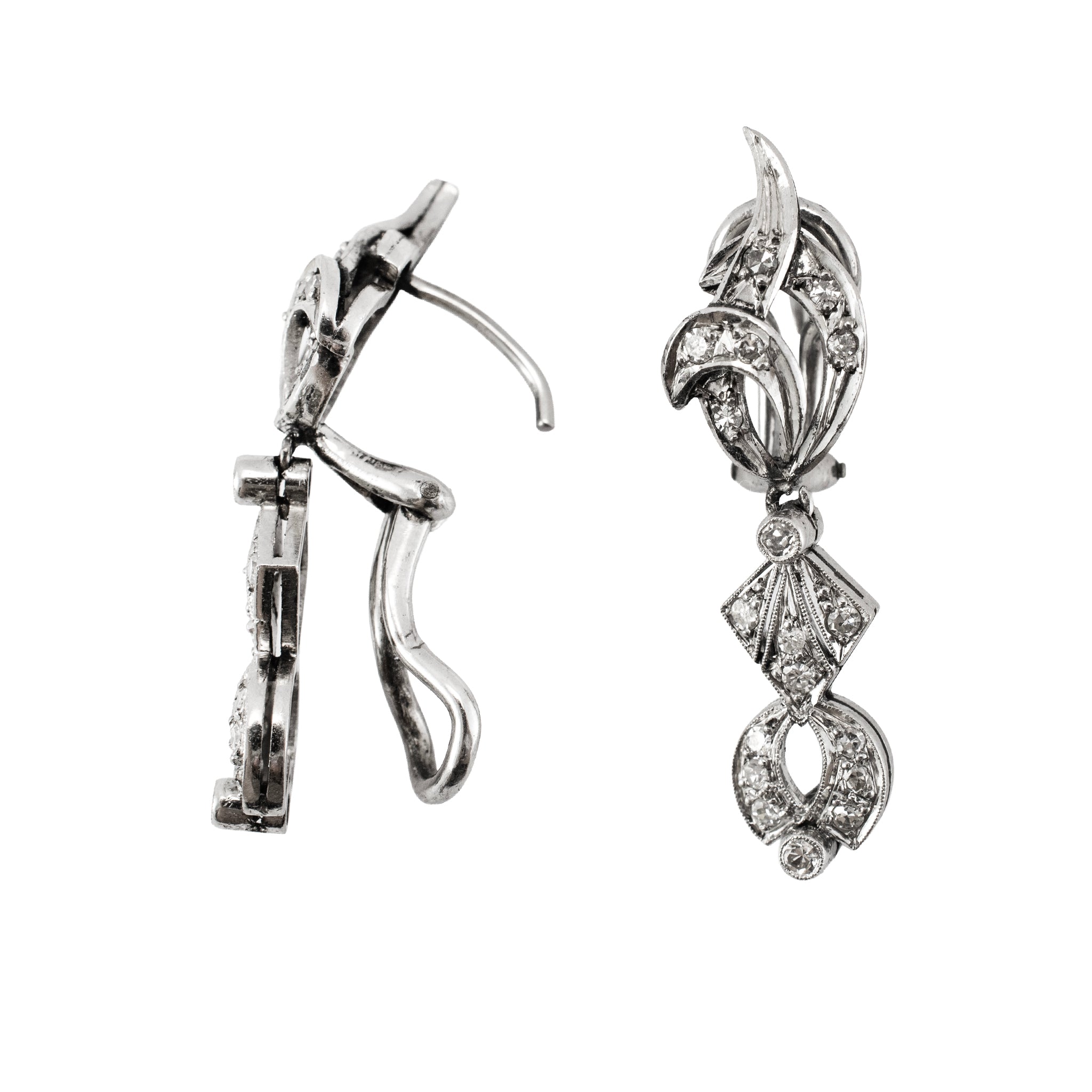Antique Art Deco Mix Metal Gold Silver Palladium 0.65ct Diamond Dangle Earrings